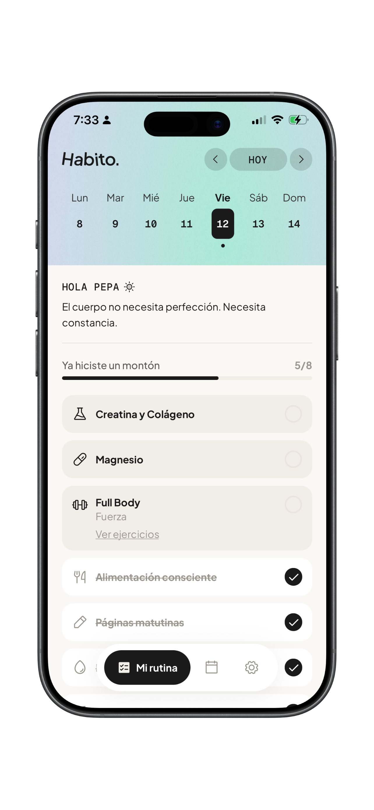 Pantalla principal de Habito mostrando la lista del día con check-ins.