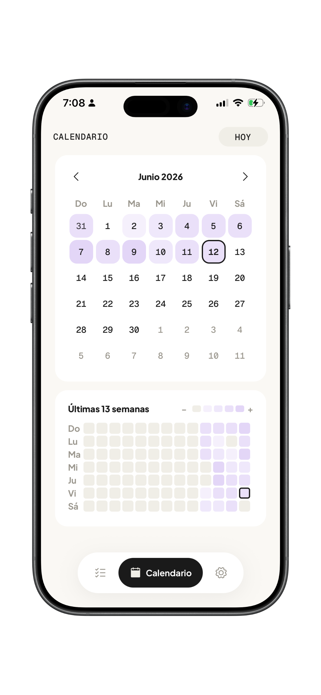 Calendario heatmap de Habito mostrando los últimos 13 semanas.