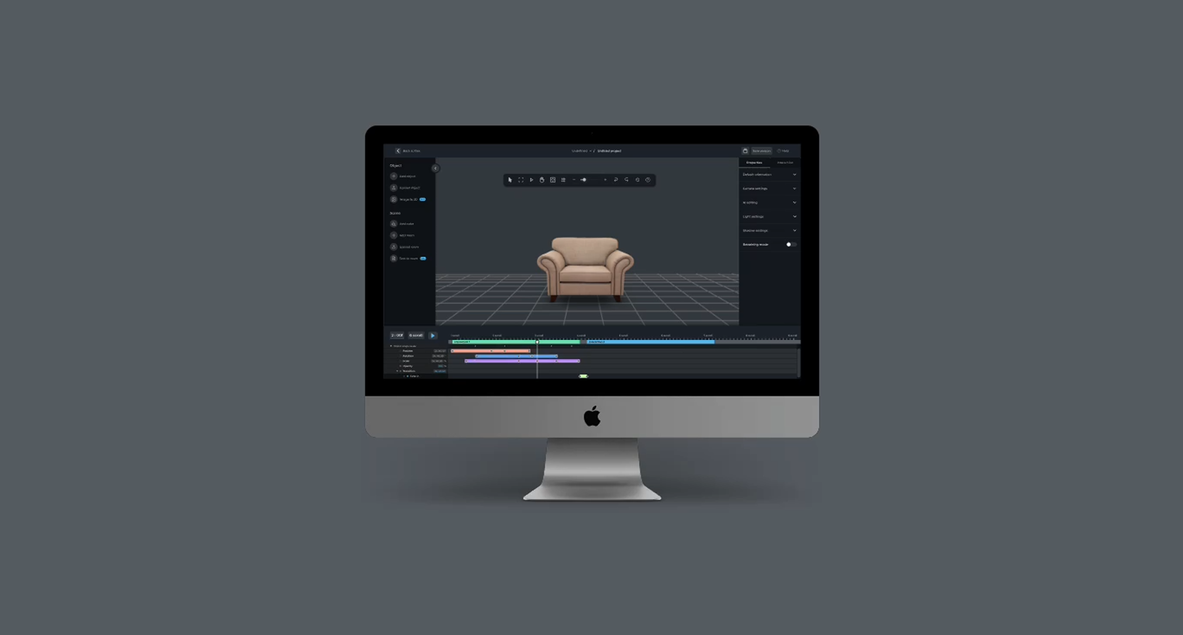 Avataar 3D editor on iMac — dark mode workspace with side panels and property controls