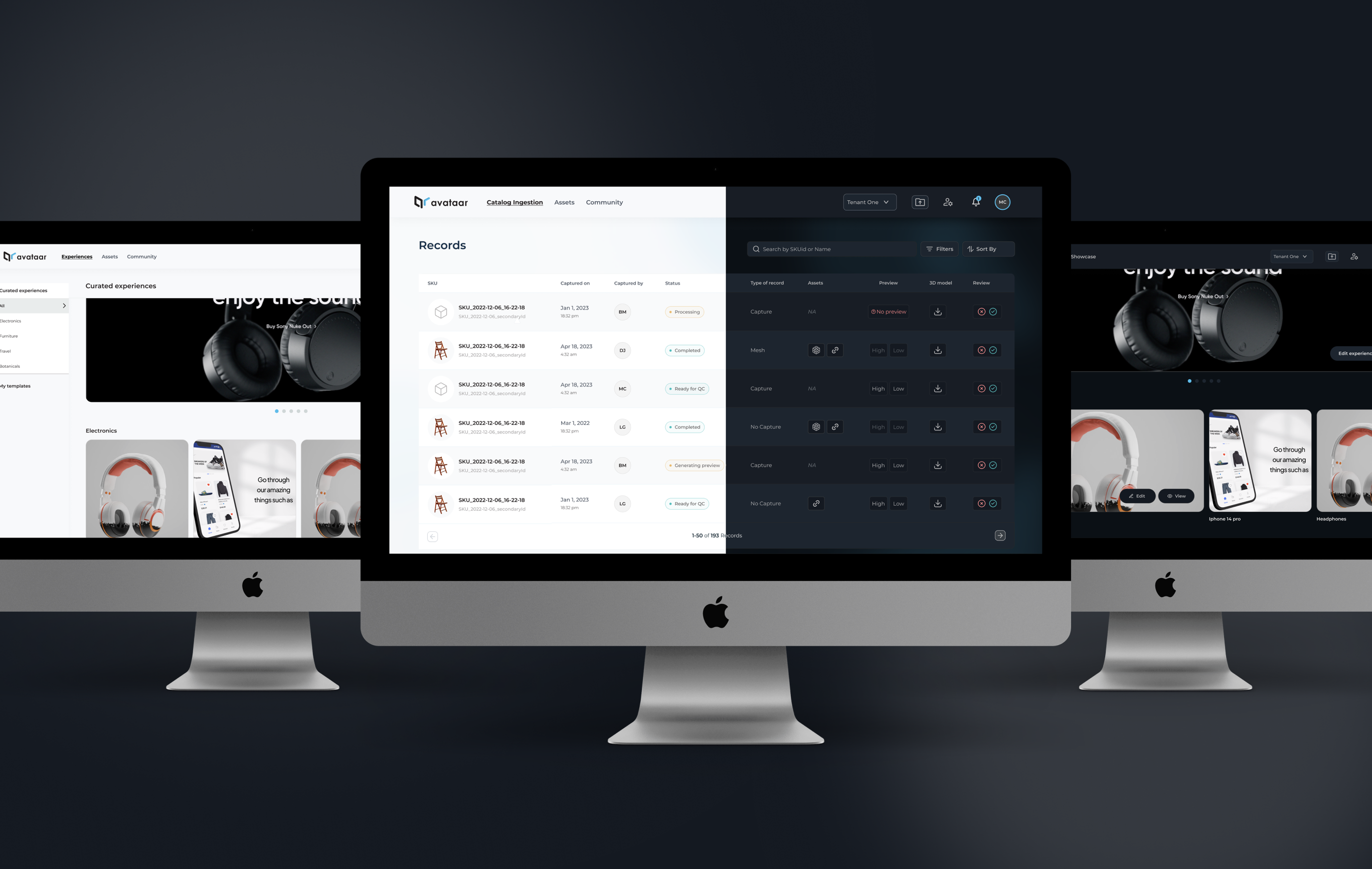 Avataar platform across three products — catalog management, experiences editor, and records dashboard in dark mode