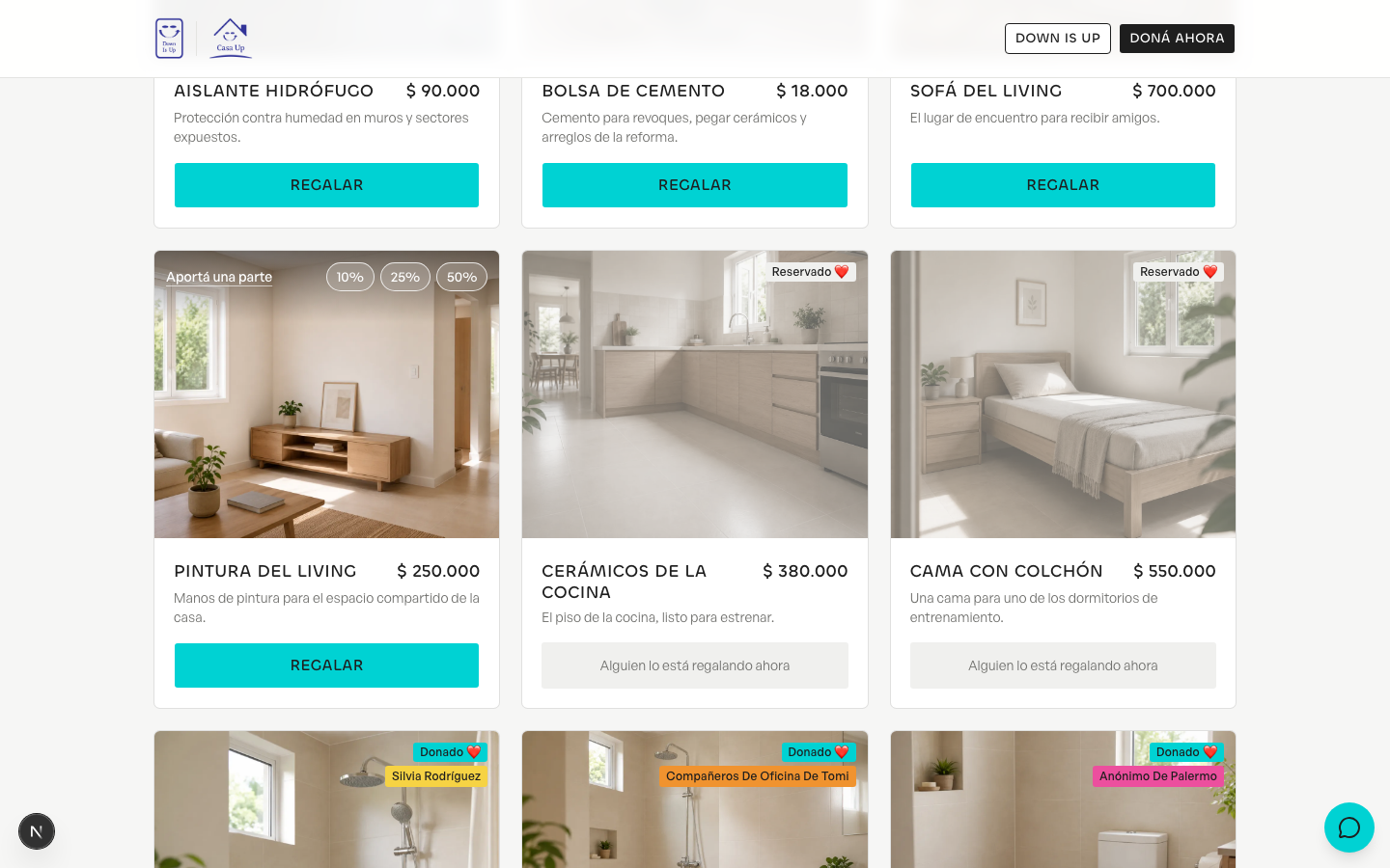 The Casa UP gift catalog: a grid of concrete house parts to gift, each with a photo, price, and status, filterable by room
