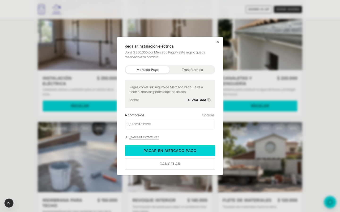 The single donation modal: method toggle between Mercado Pago and bank transfer, a copiable amount, an optional name field, and a collapsed invoice accordion
