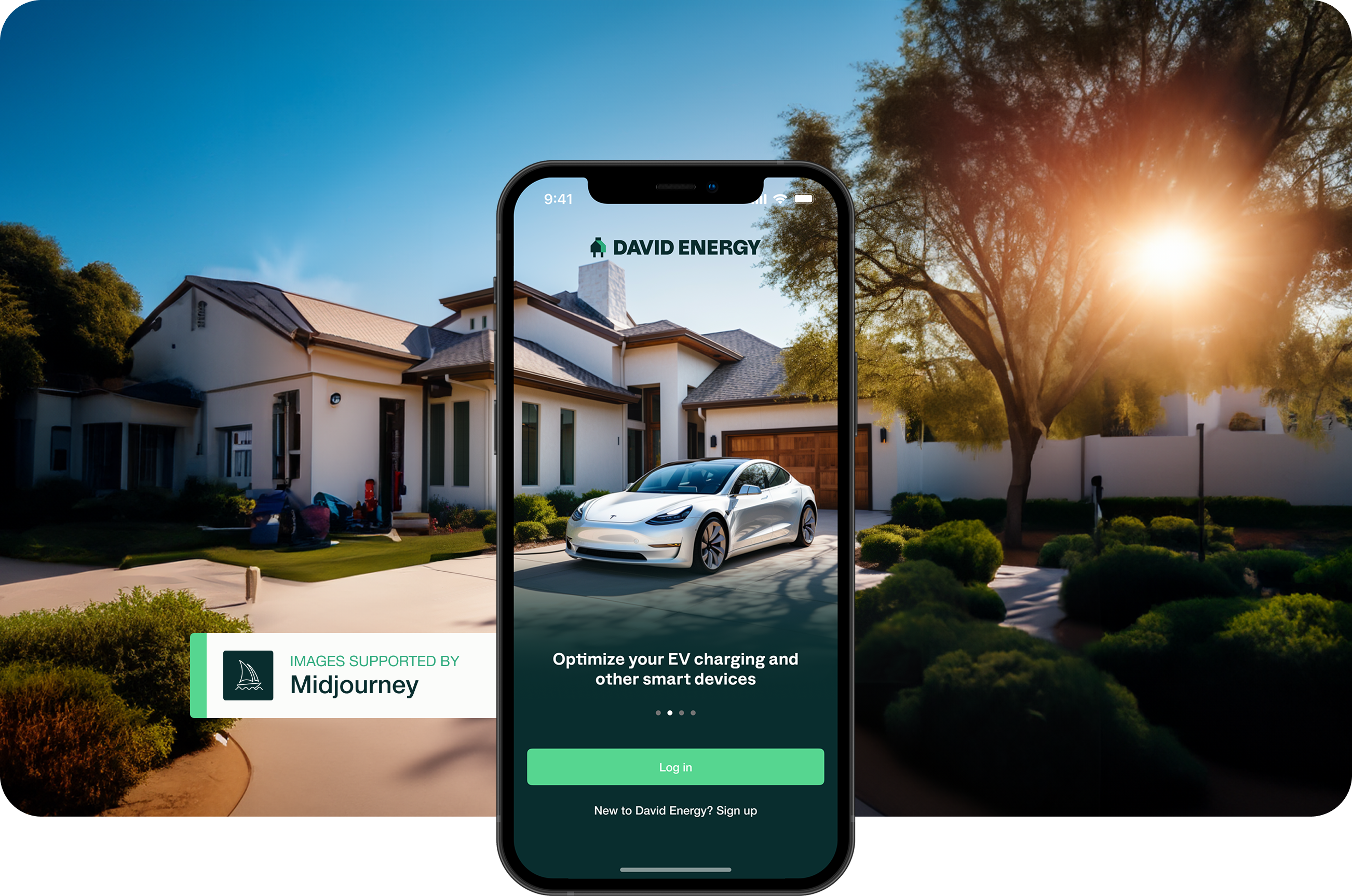 David Energy residential app — iPhone mockup with suburban home and Tesla in driveway