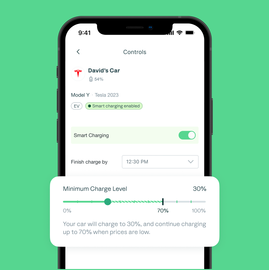 Smart charging controls — close-up of iPhone screen showing minimum charge level slider and finish-by time