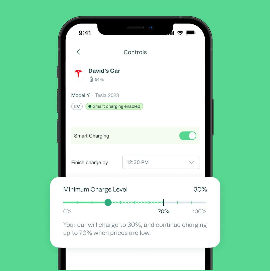 Smart charging controls — close-up of iPhone screen showing minimum charge level slider and finish-by time