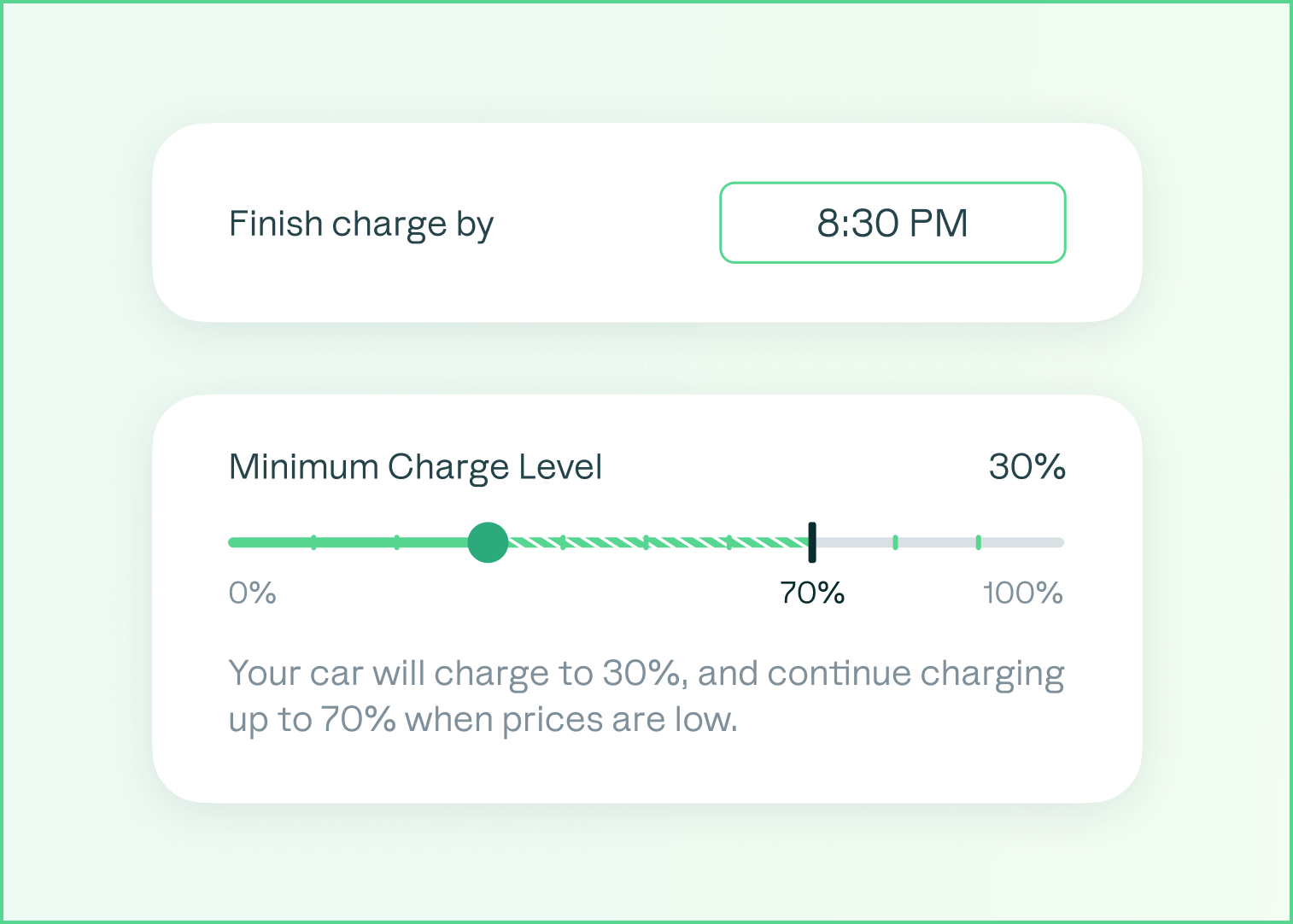 Charging controls UI components — finish charge by time picker and minimum charge level slider with contextual explanation