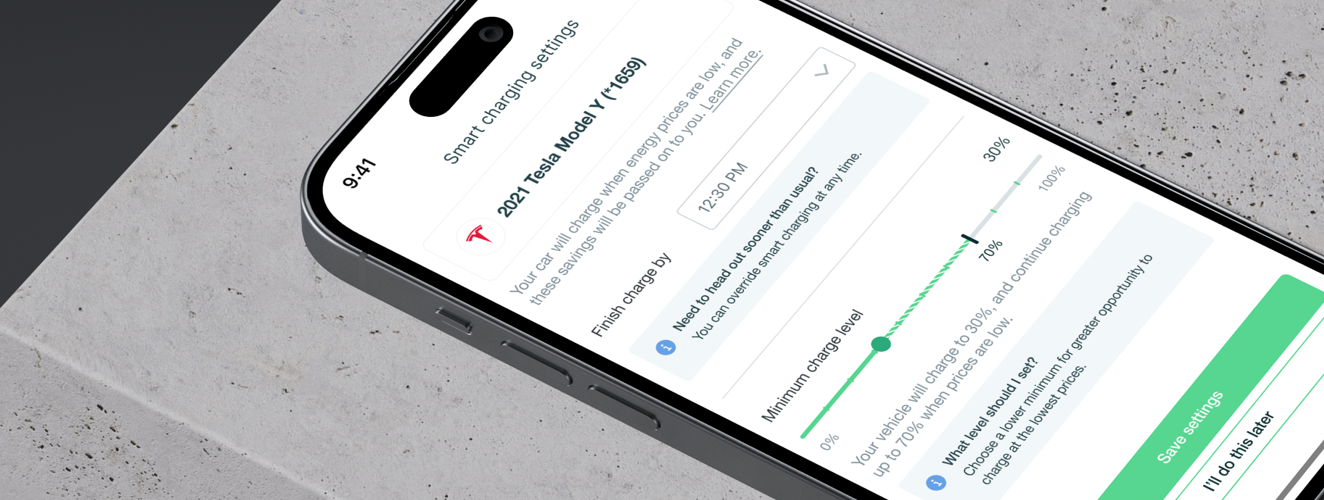 Smart charging settings — iPhone flat lay on concrete surface showing charge optimization controls