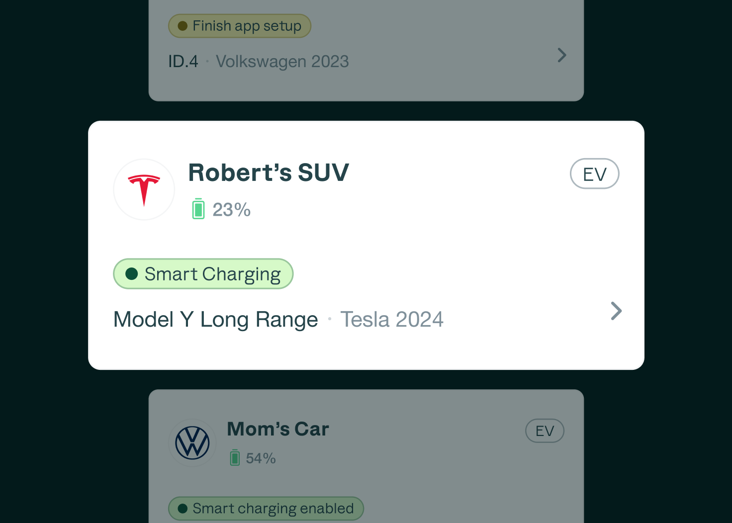 Device list — Robert's SUV Tesla Model Y with smart charging enabled alongside Mom's Car Volkswagen ID.4