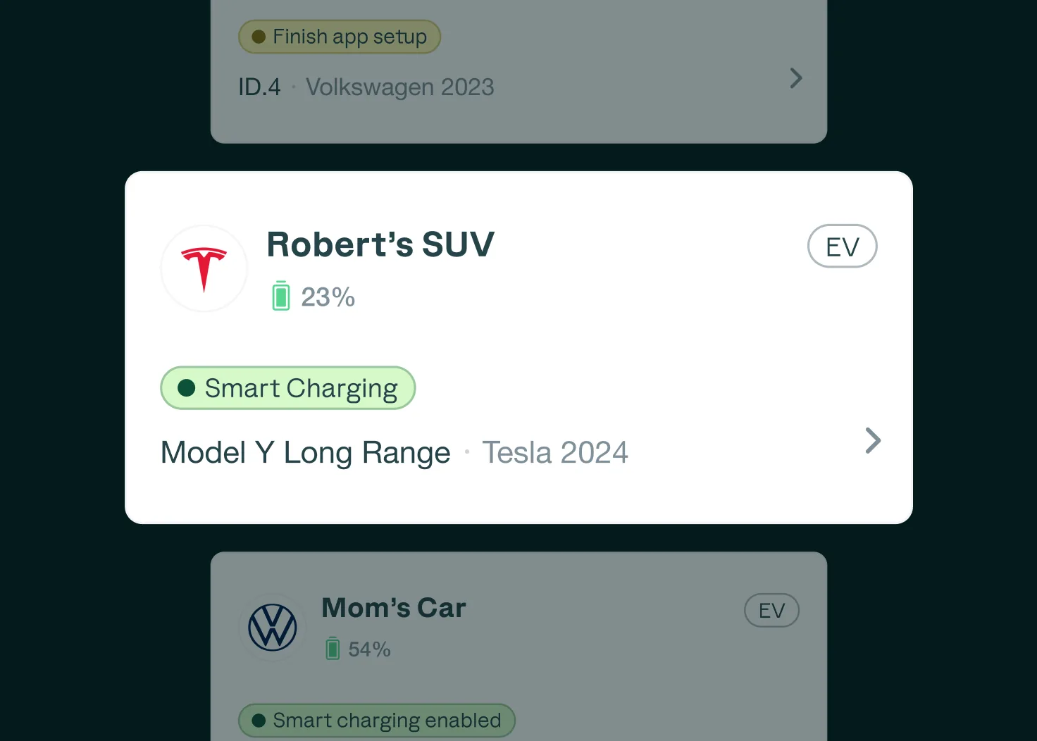 Device list — Robert's SUV Tesla Model Y with smart charging enabled alongside Mom's Car Volkswagen ID.4