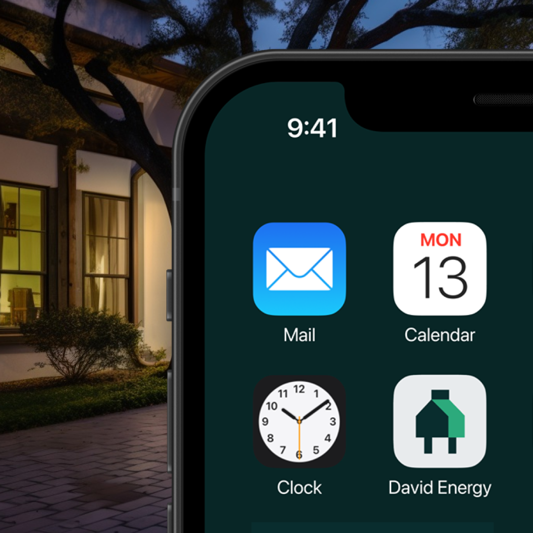 David Energy app icon on iPhone home screen alongside Mail, Calendar, and Clock