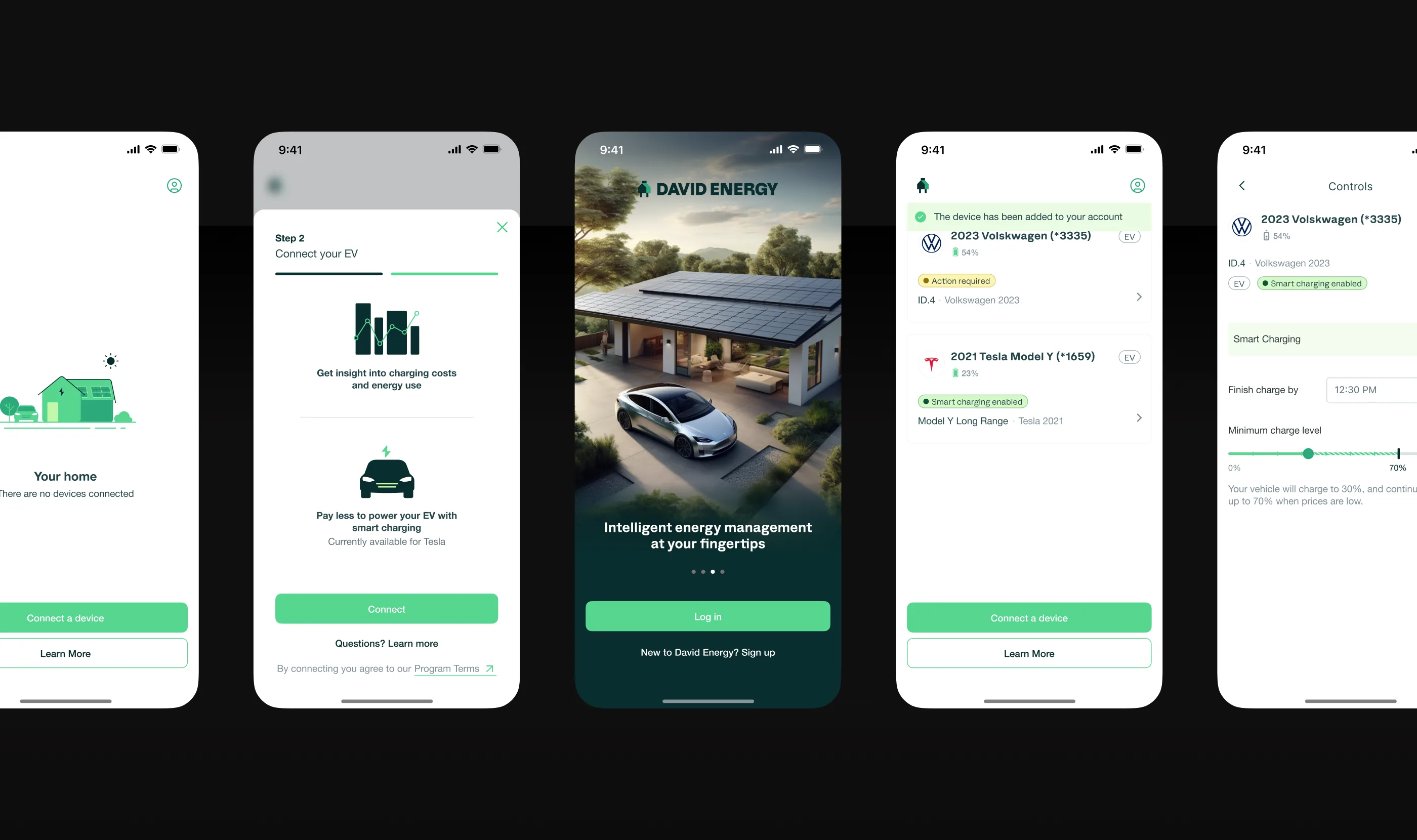 David Energy residential app — five screens showing the full flow: empty home state, EV connection, onboarding, device list, and smart charging controls