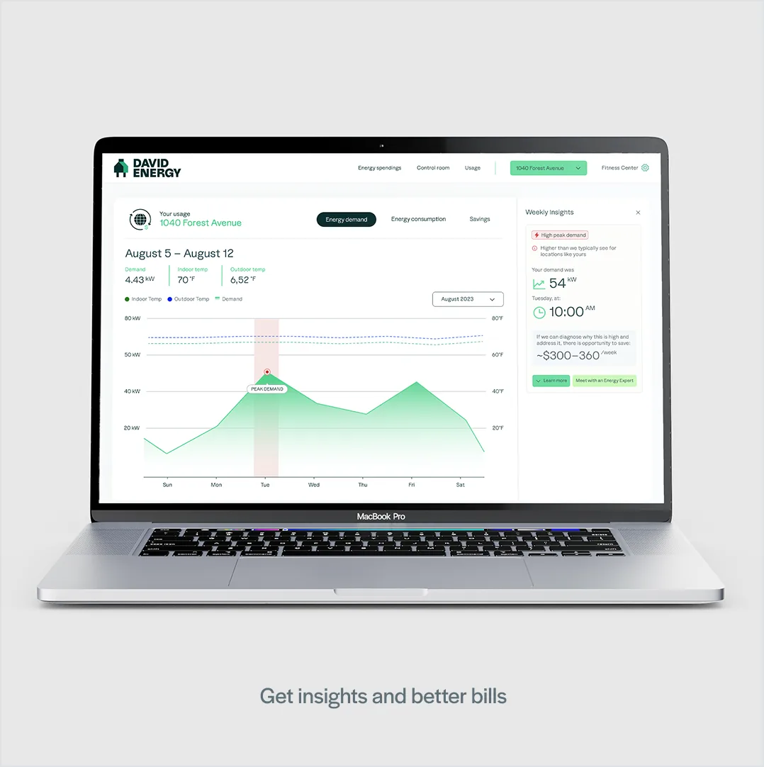 Energy insights — MacBook showing peak demand chart with weekly insights panel and cost-saving recommendations