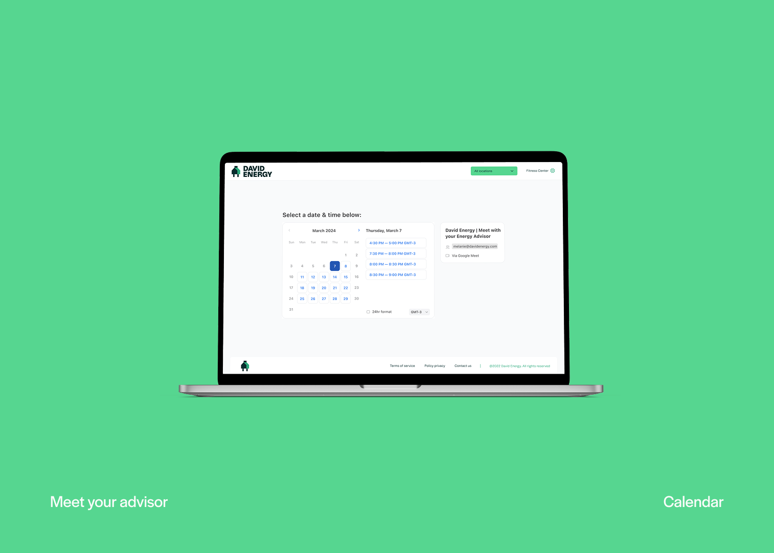 Meet your advisor — calendar interface for booking a session with a David Energy energy expert