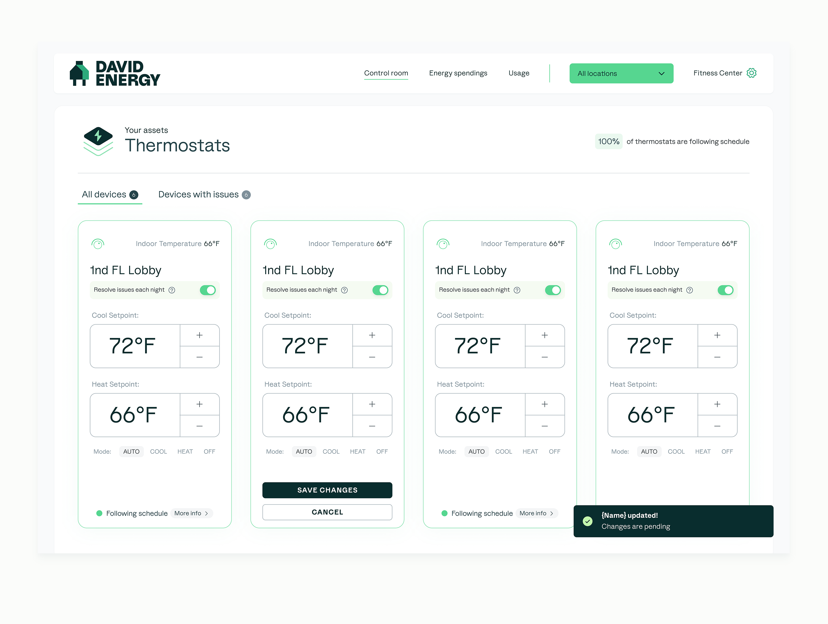 Thermostats control room — all devices view showing setpoints for each zone with inline save and cancel controls