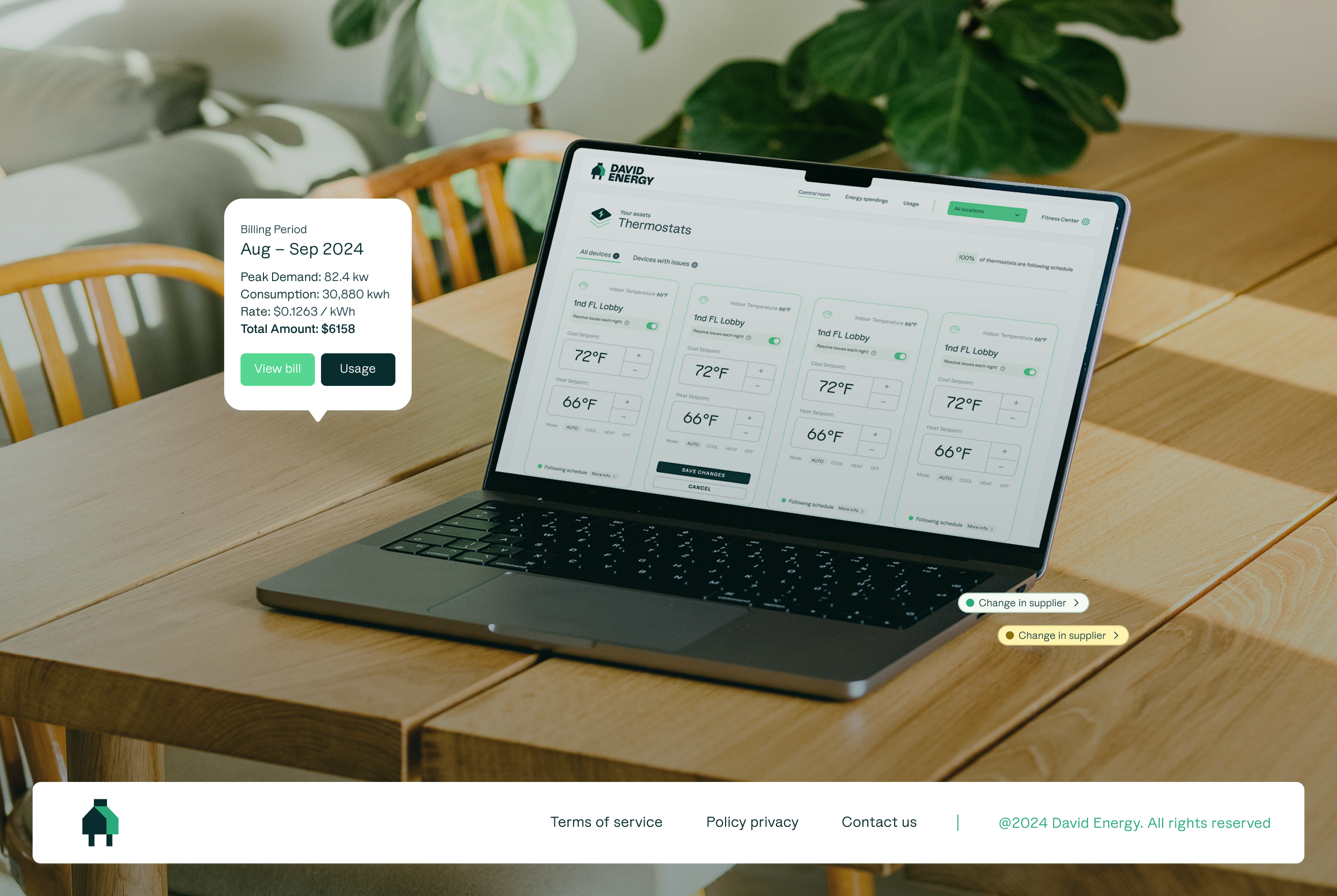 David Energy commercial platform — MacBook on kitchen table showing thermostat management with billing period summary