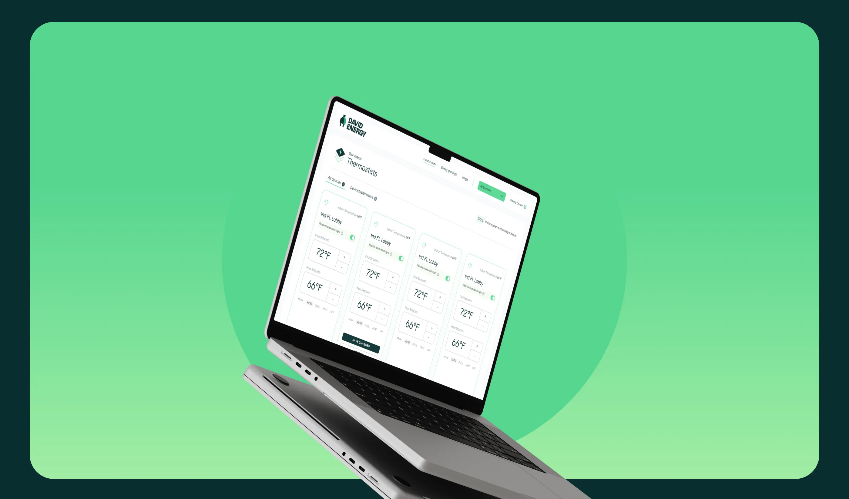 David Energy small commercial platform — MacBook showing thermostat control room on green background