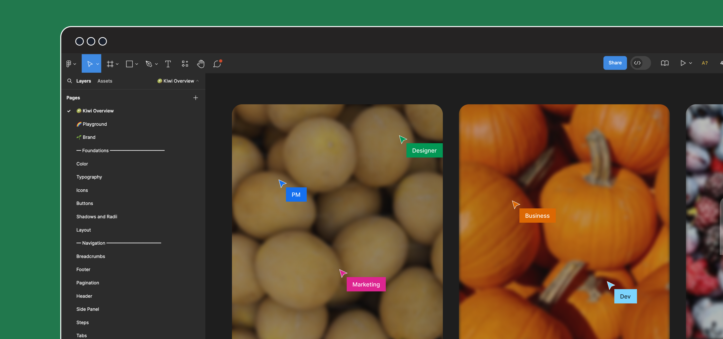 Kiwi in Figma — design system library with cross-functional annotations from PM, Designer, Marketing, Business, and Dev teams