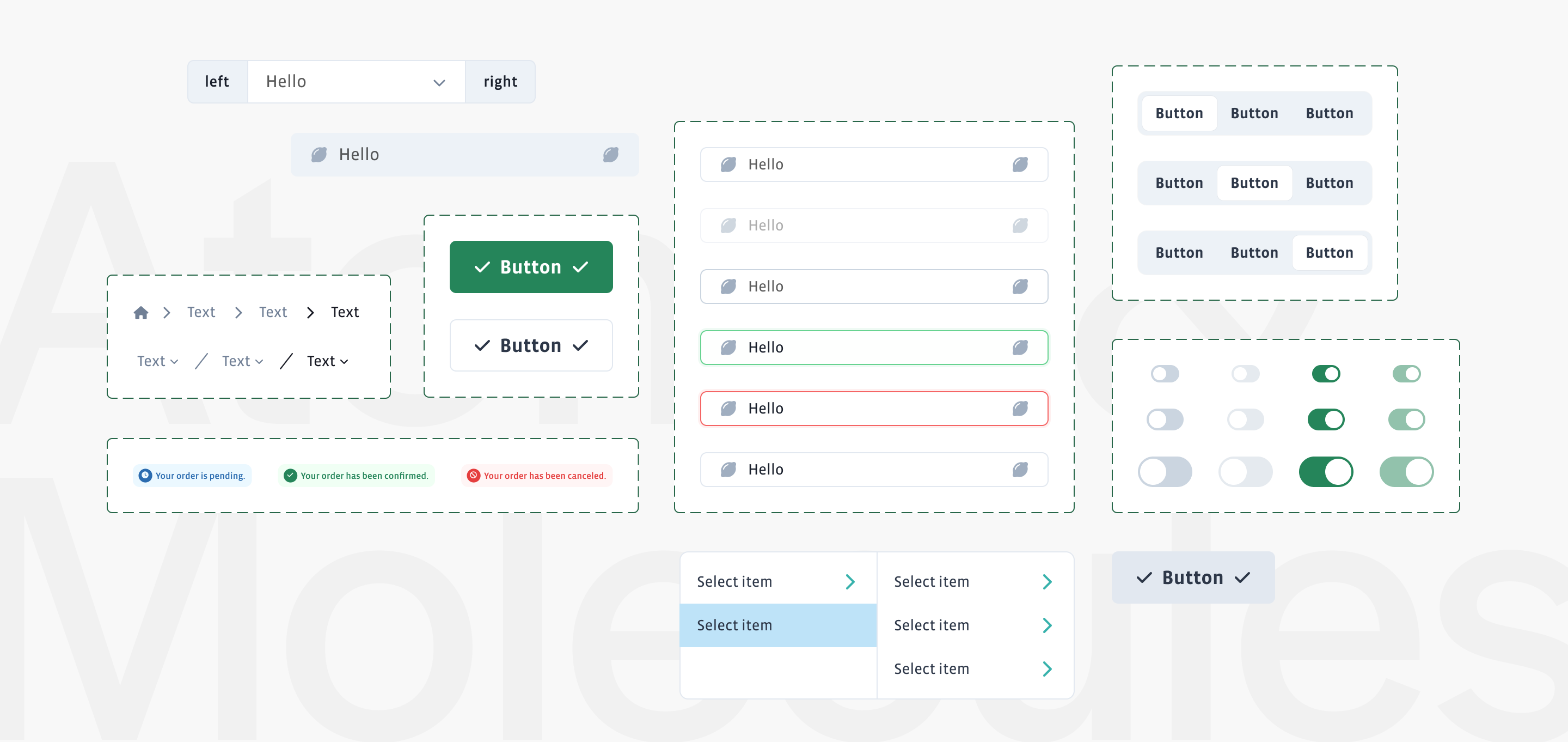 Kiwi atomic components — buttons, breadcrumbs, input states (default, focused, error, disabled), toggles, dropdowns, and status banners
