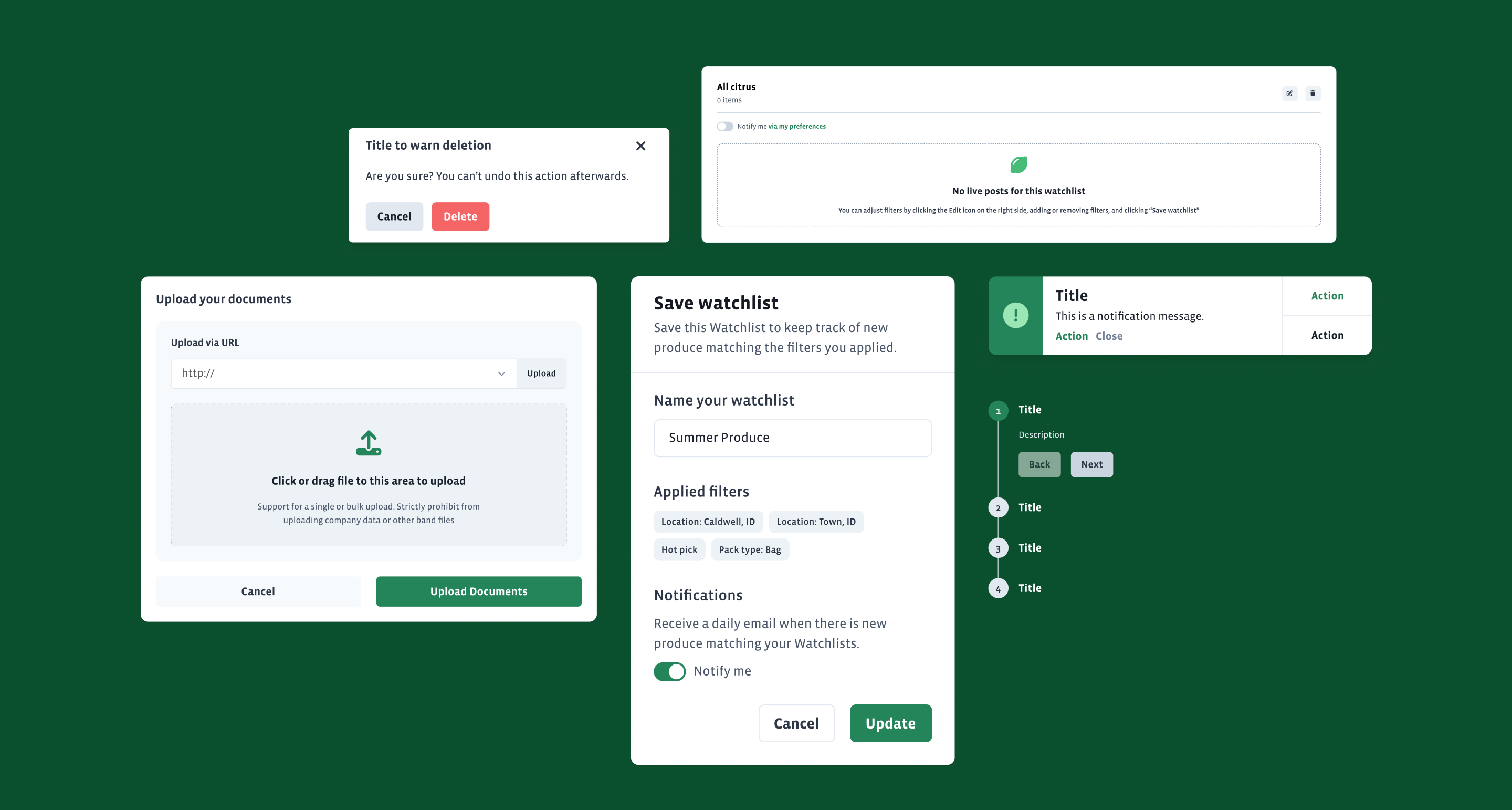 Full Harvest buyer flows — watchlist creation, document upload, multi-step wizard, and confirmation modals built on the Kiwi system