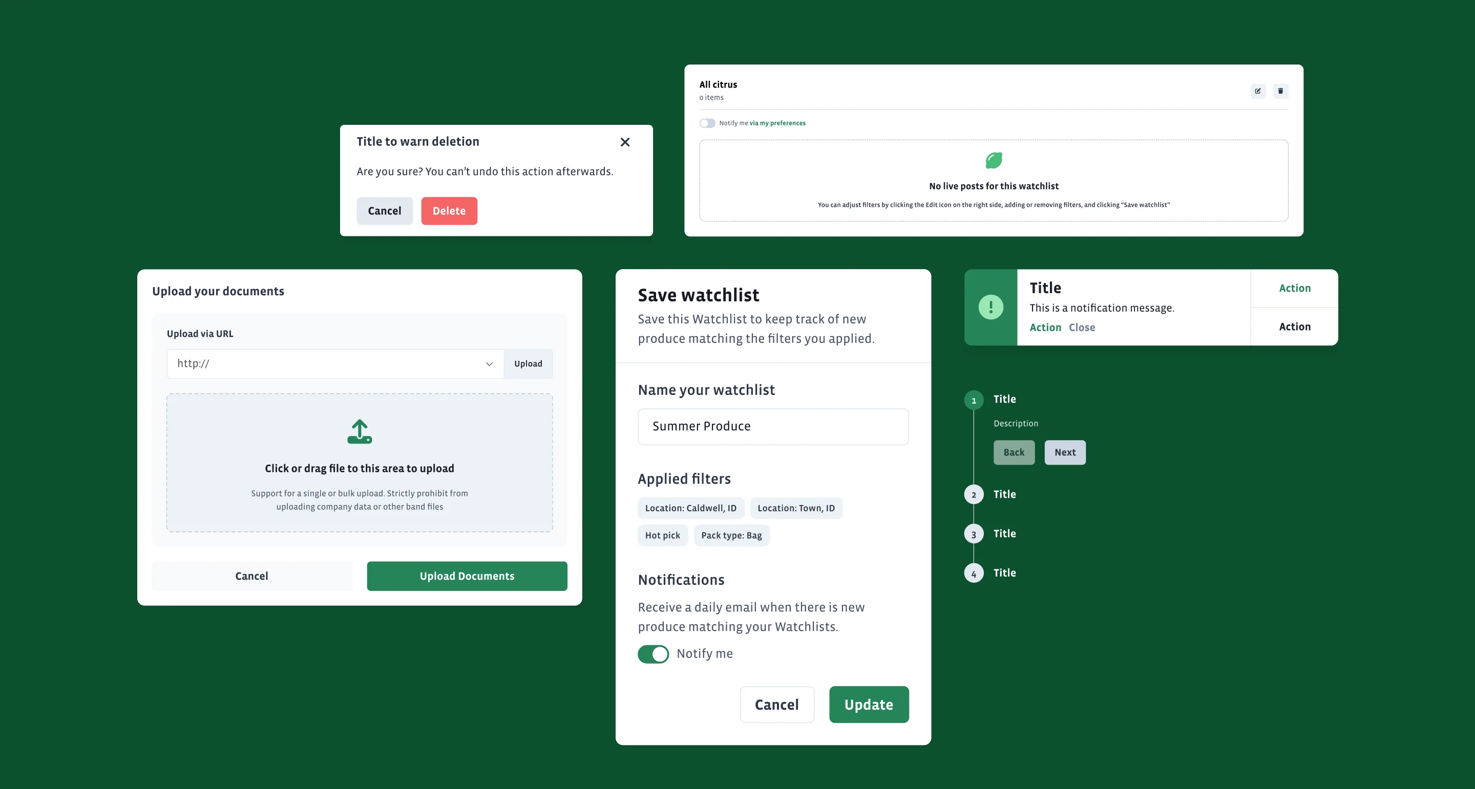 Full Harvest buyer flows — watchlist creation, document upload, multi-step wizard, and confirmation modals built on the Kiwi system