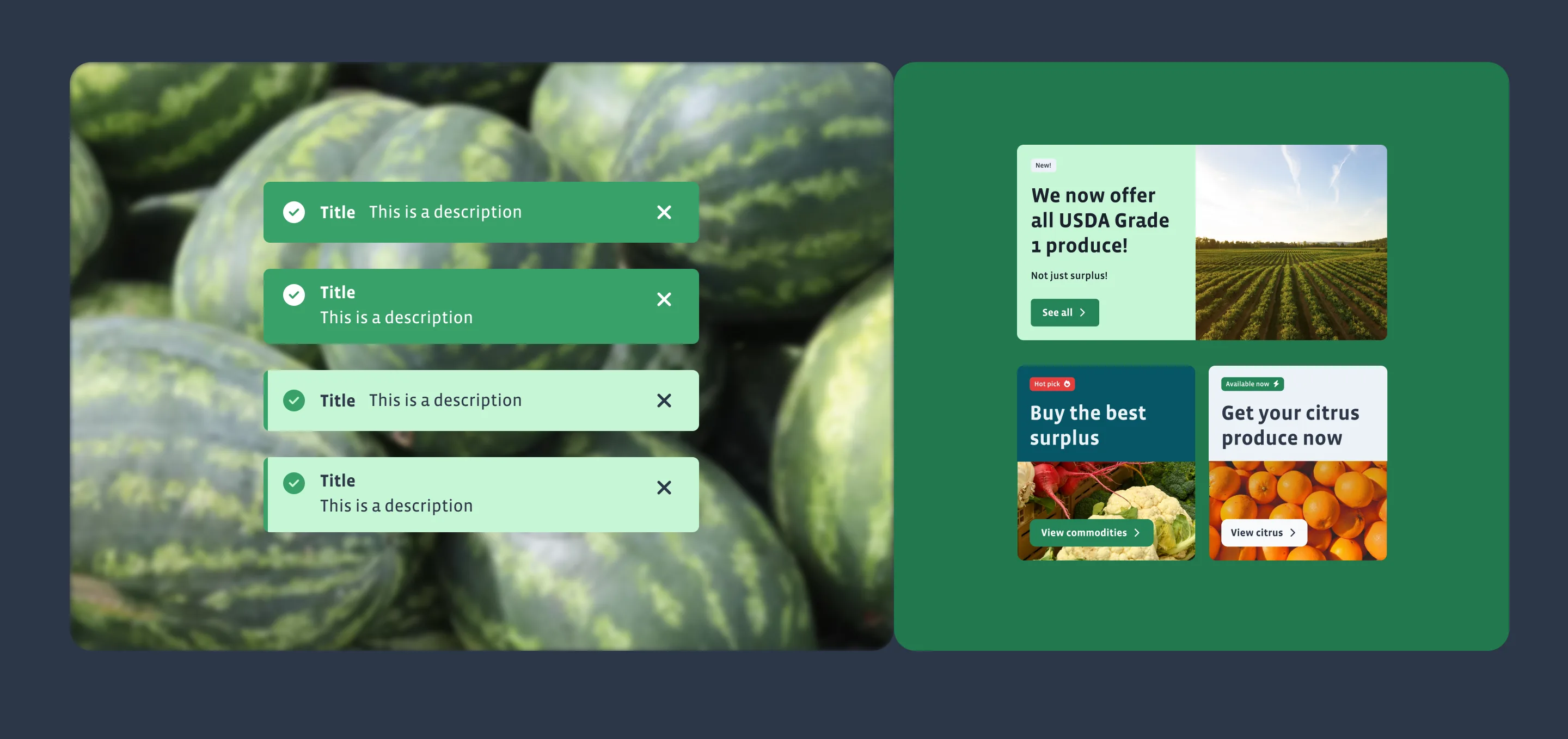 Full Harvest marketing components — in-app notifications and promotional content cards for buyer-facing surfaces