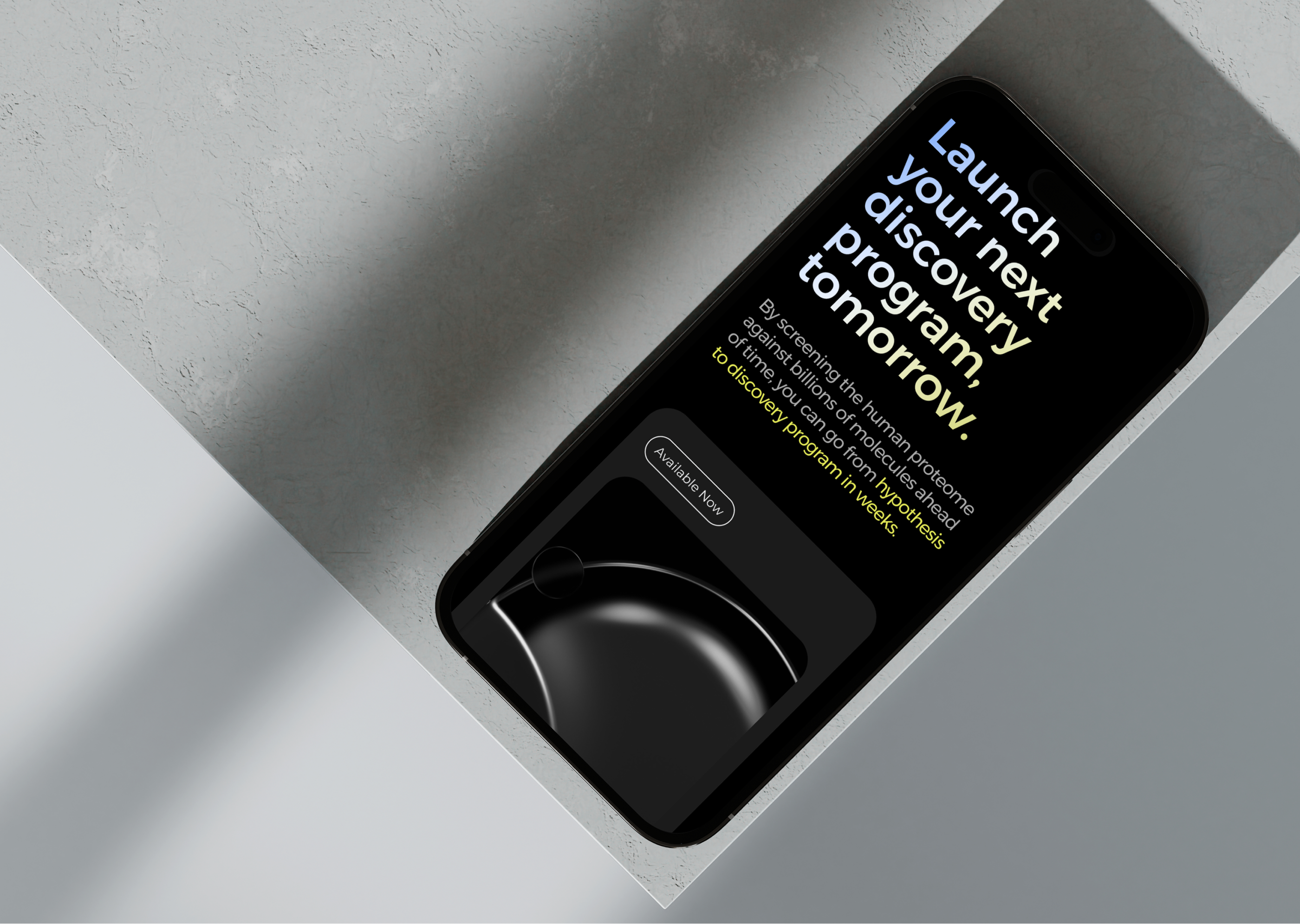 Om Therapeutics landing page hero — iPhone flat lay showing 'Launch your next discovery program. tomorrow.' on dark background