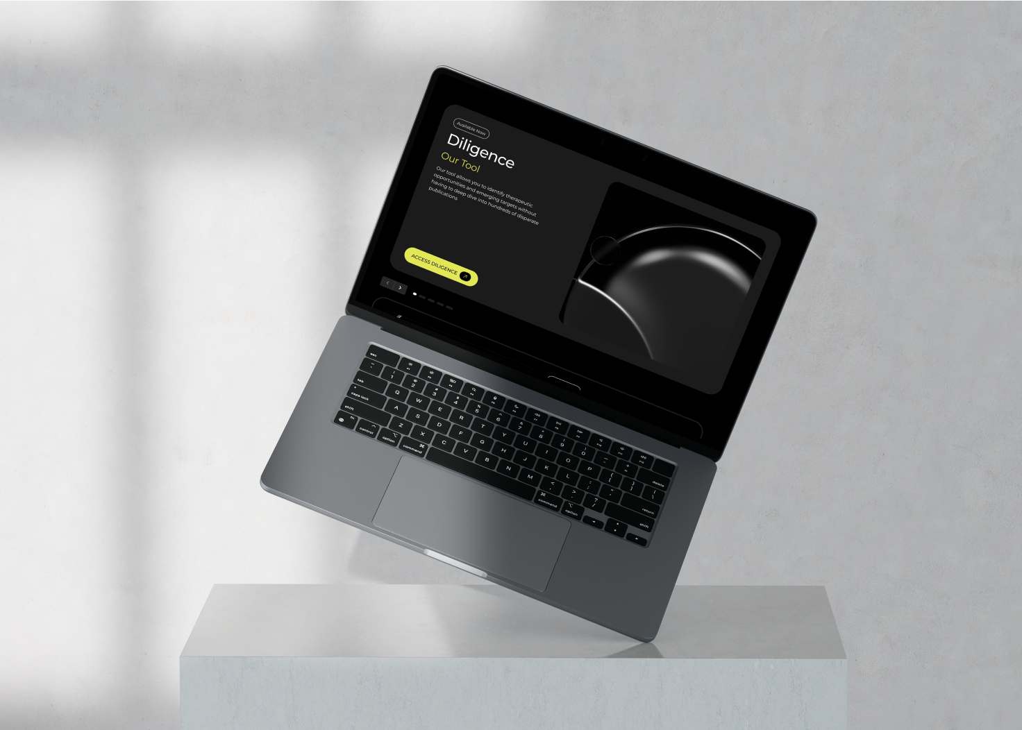 Om Therapeutics Diligence page on MacBook — dark platform interface with circular molecular graphic and CTA