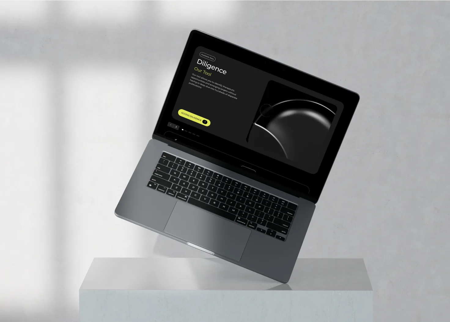 Om Therapeutics Diligence page on MacBook — dark platform interface with circular molecular graphic and CTA