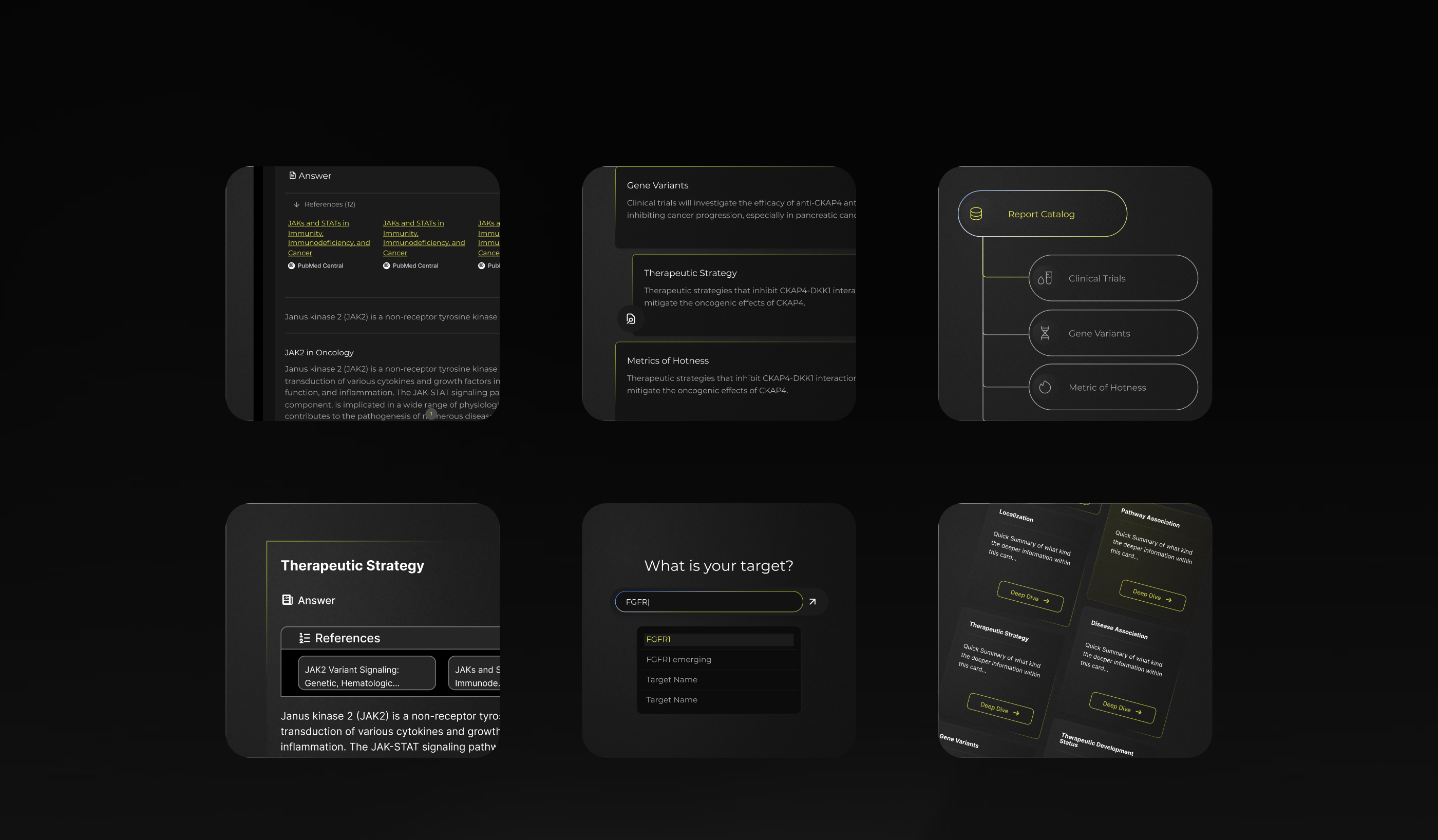 Om Therapeutics platform — gene variant cards, therapeutic strategy views, report catalog, and target search flows on dark interface
