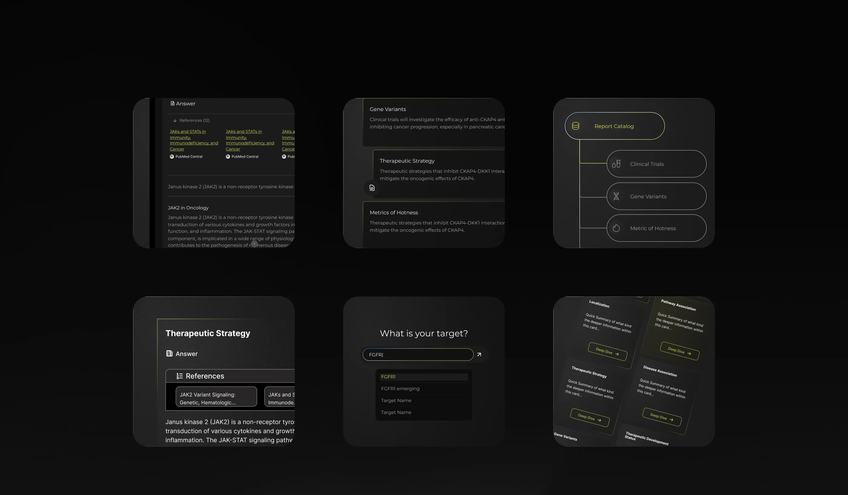 Om Therapeutics platform — gene variant cards, therapeutic strategy views, report catalog, and target search flows on dark interface