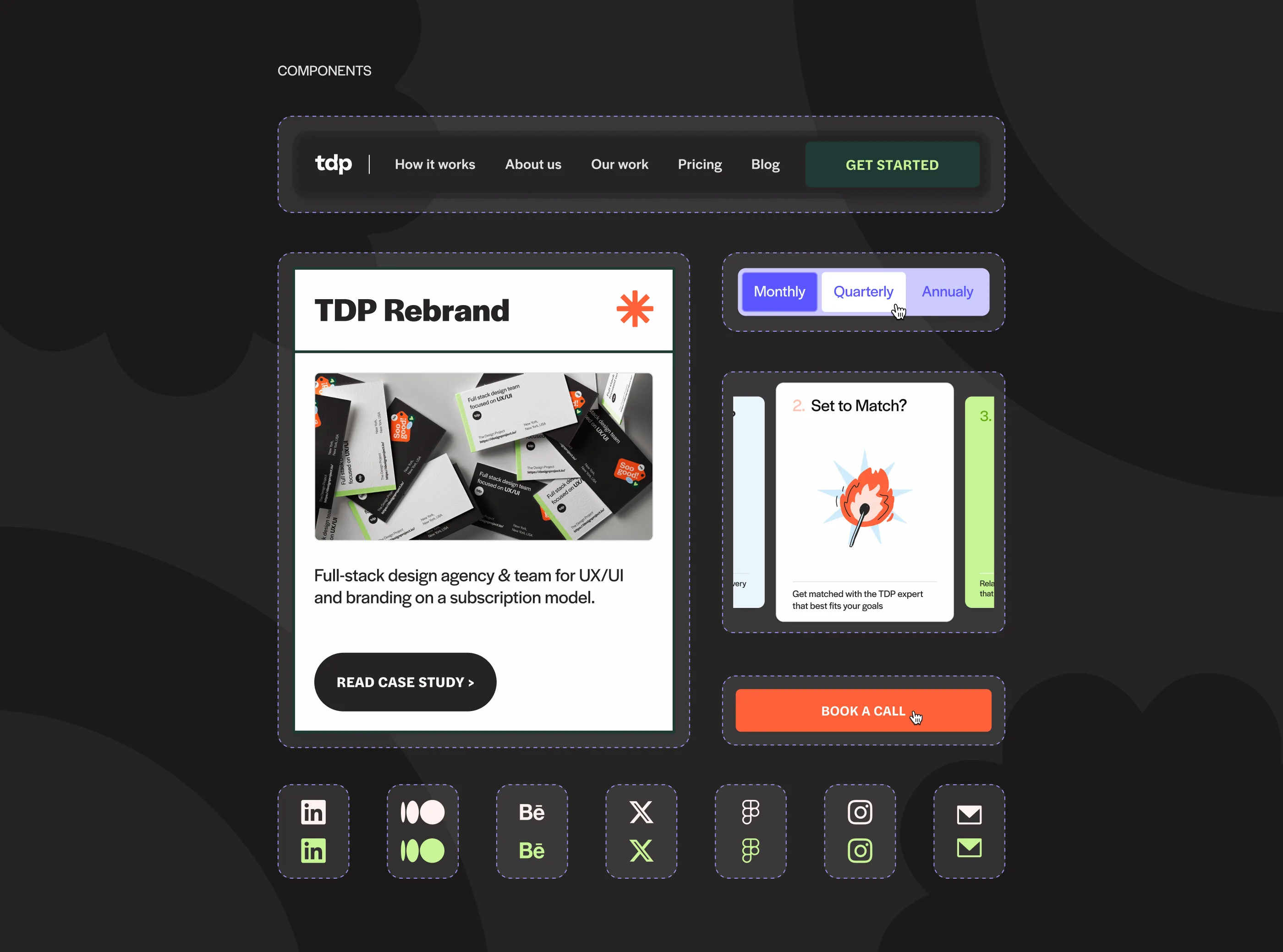 TDP design system components — navigation bar, case study card, pricing toggle, CTA button, and social media icons on dark background