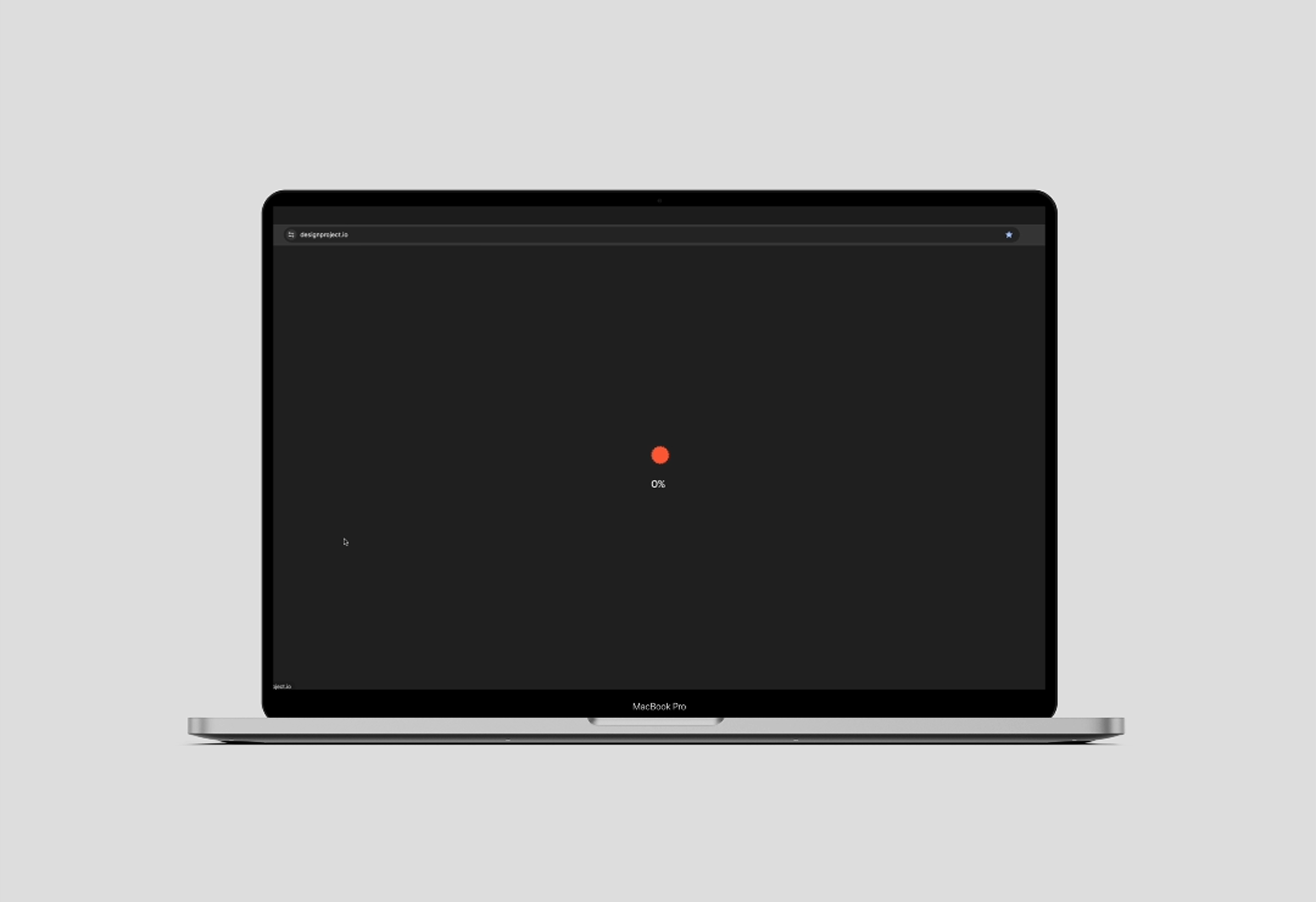 MacBook showing designproject.io loading — orange dot with 0% counter on dark background