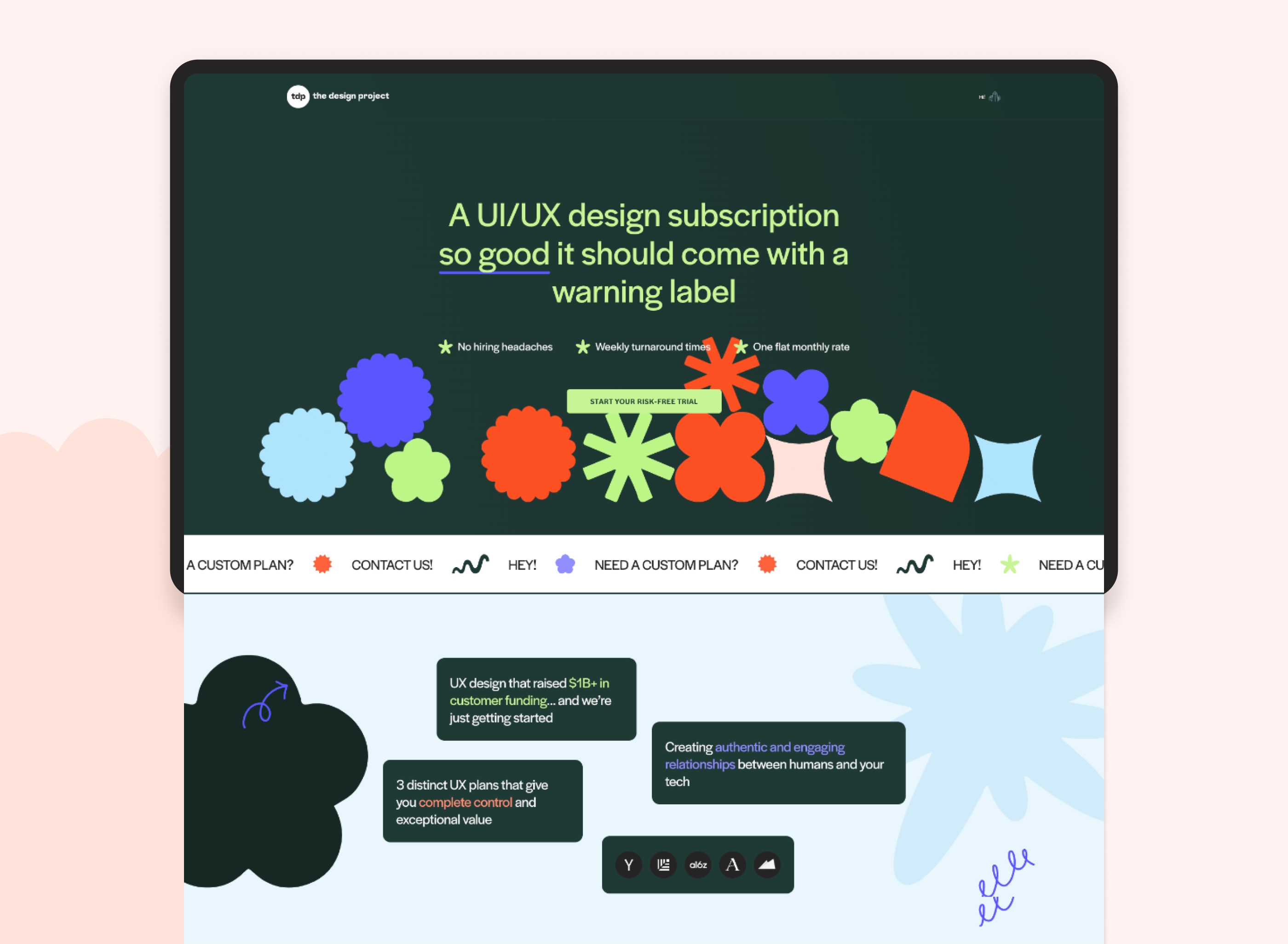 TDP website hero — dark Jungle Green background with colorful flower shapes and the headline 'A UI/UX design subscription so good it should come with a warning label'