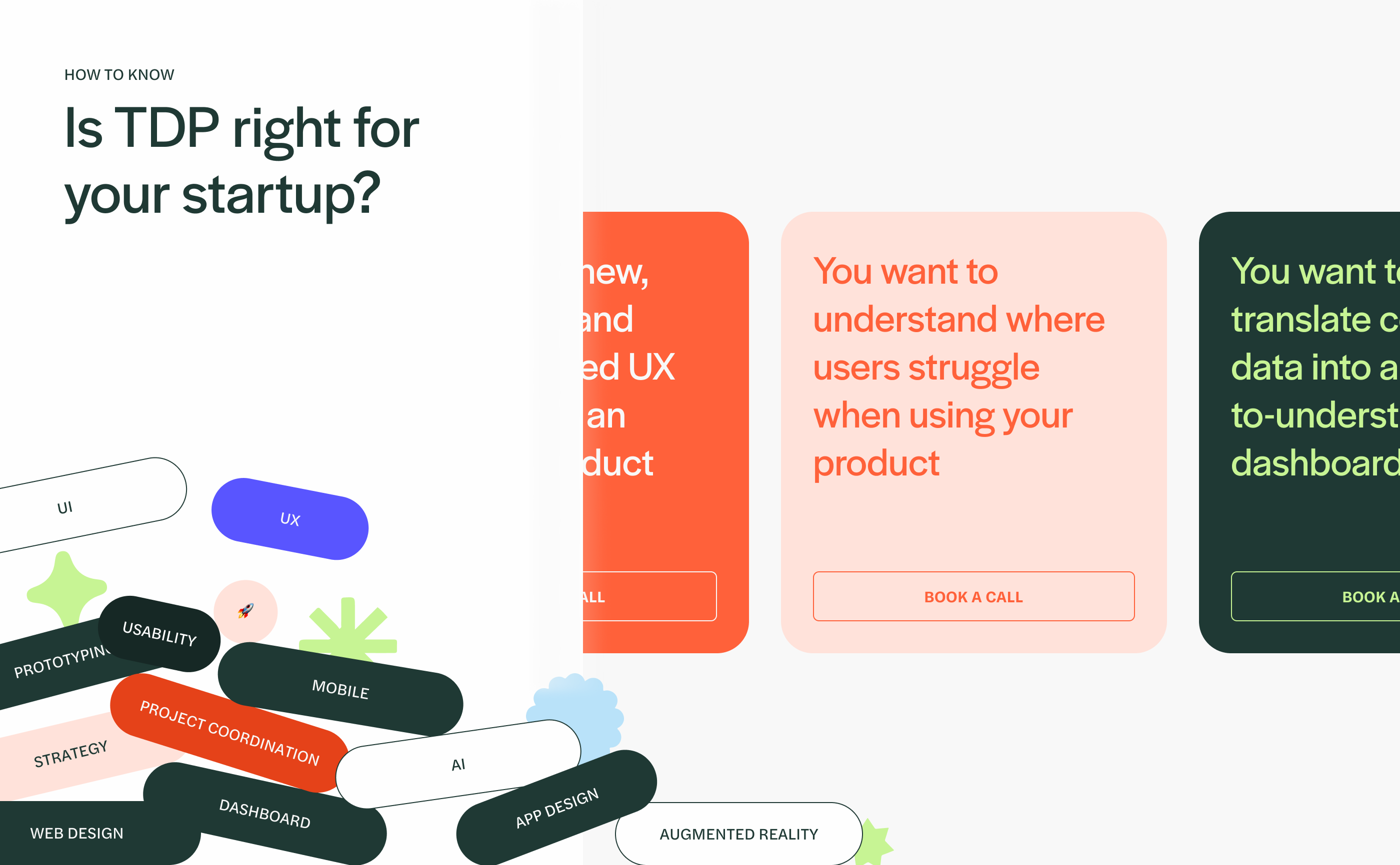 TDP website service section — 'Is TDP right for your startup?' with floating capability tags and three use-case cards