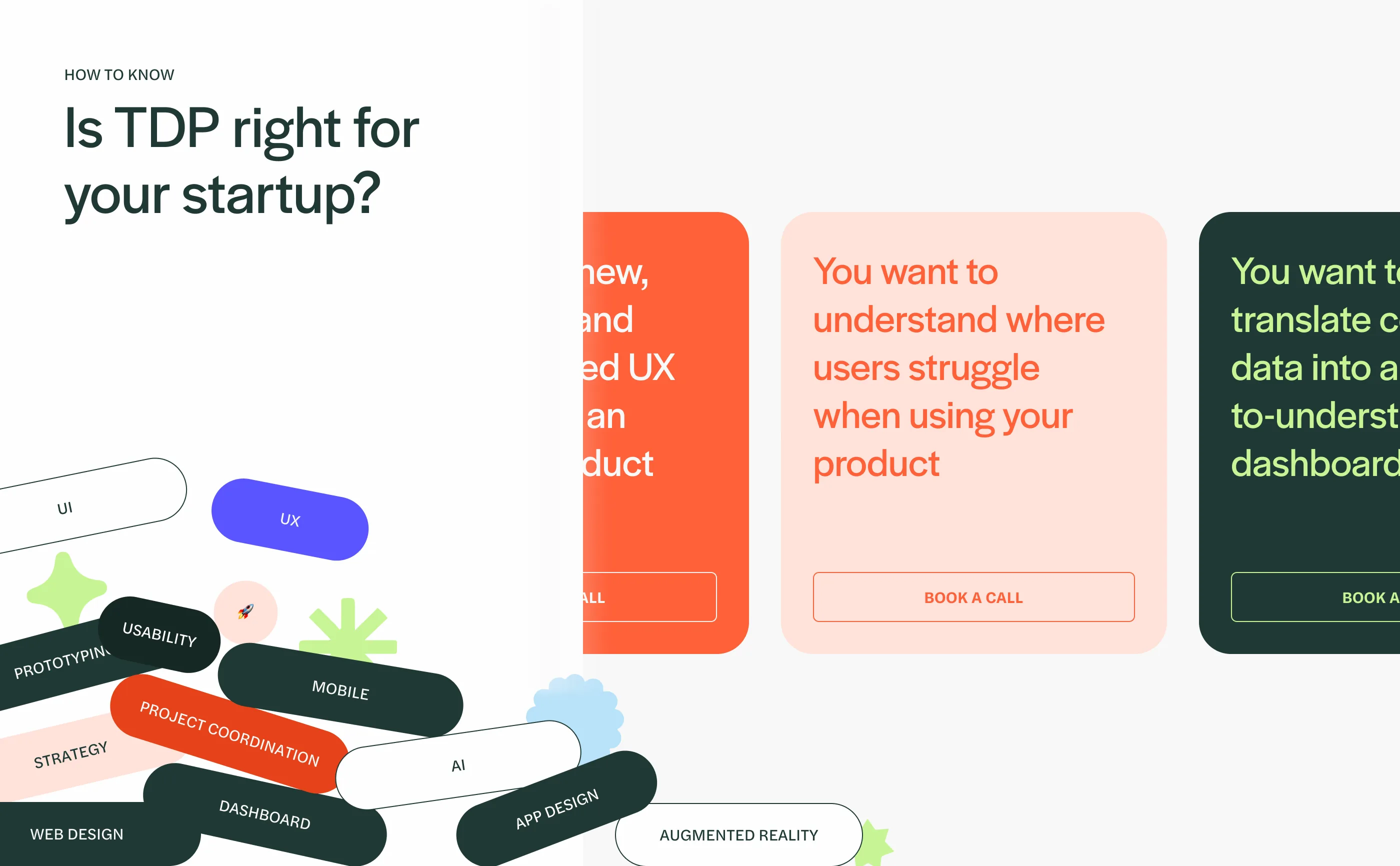 TDP website service section — 'Is TDP right for your startup?' with floating capability tags and three use-case cards