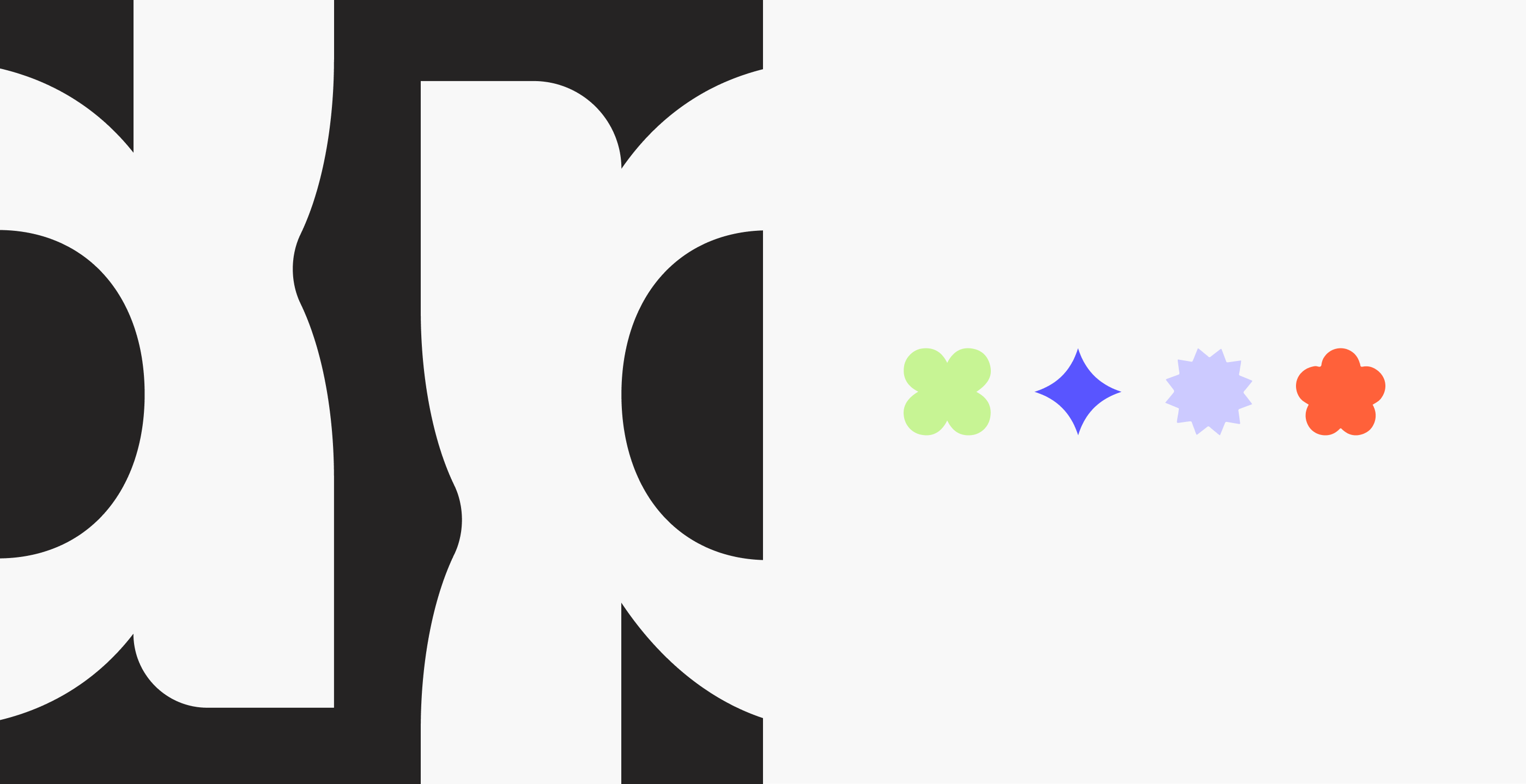TDP brand mark system — large letterform detail on black background alongside the four decorative shapes: green clover, blue star, lavender starburst, orange flower