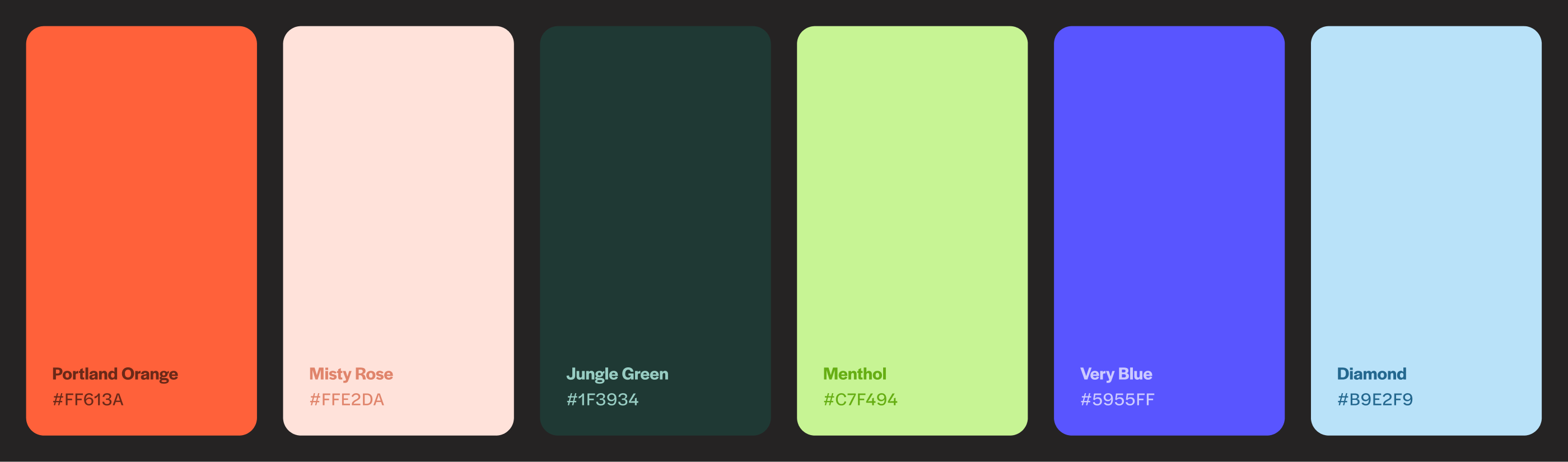 TDP color palette — Portland Orange #FF613A, Misty Rose #FFE2DA, Jungle Green #1F3934, Menthol #C7F494, Very Blue #5955FF, Diamond #B9E2F9