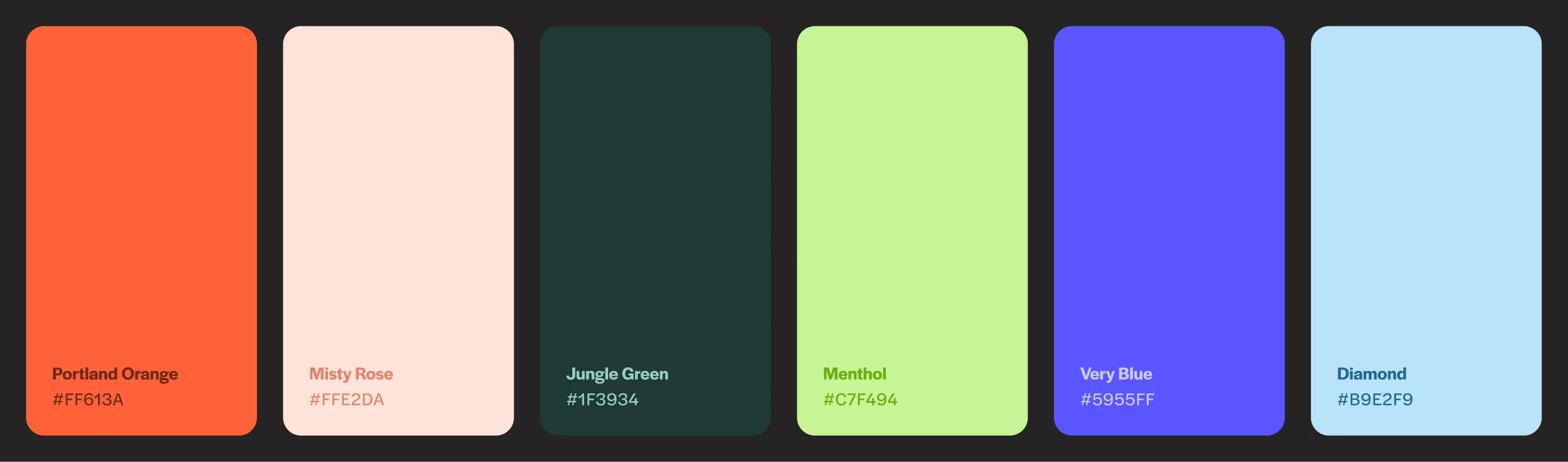 TDP color palette — Portland Orange #FF613A, Misty Rose #FFE2DA, Jungle Green #1F3934, Menthol #C7F494, Very Blue #5955FF, Diamond #B9E2F9