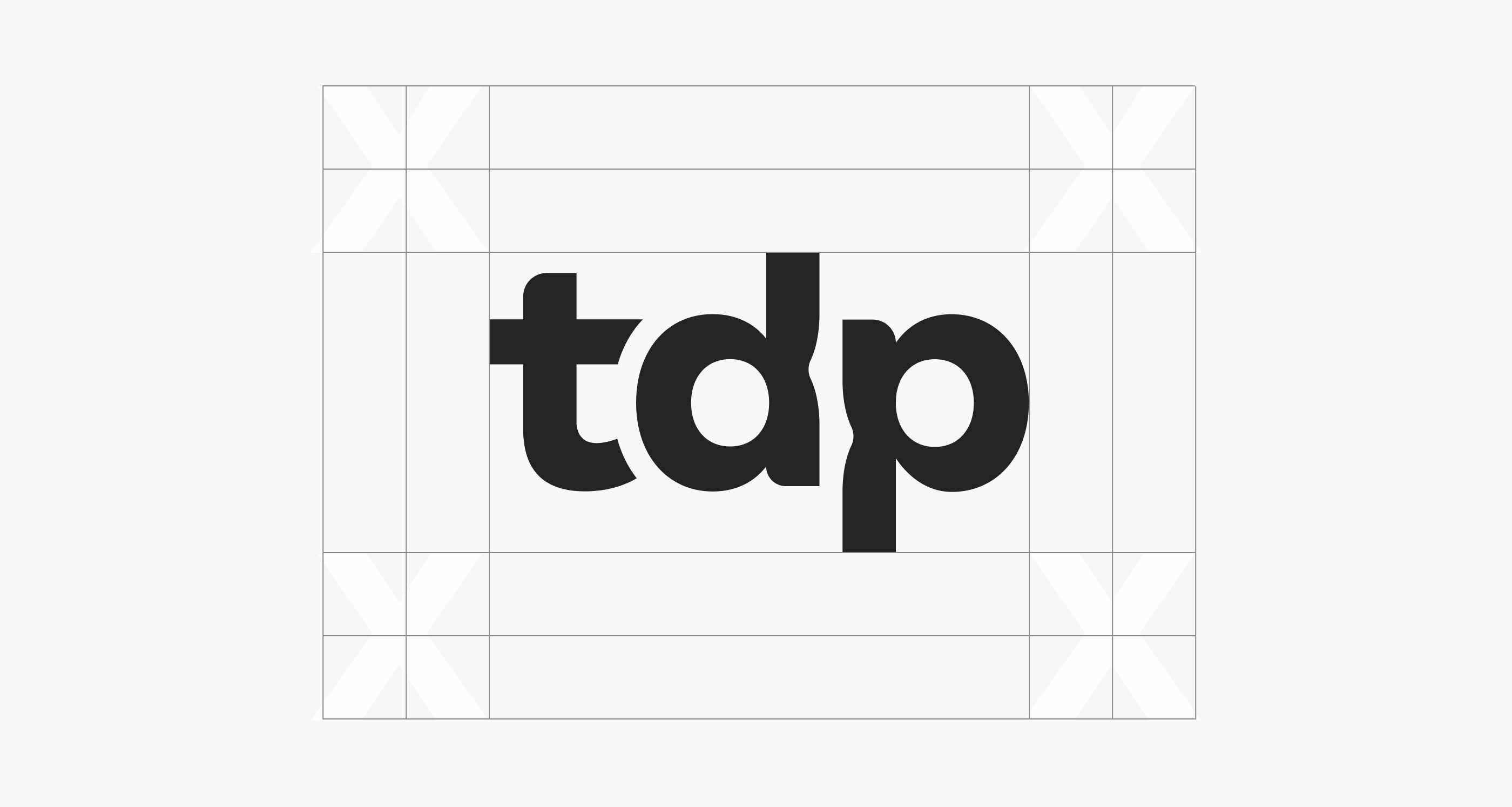 TDP wordmark construction — logo grid showing proportions and clear-space rules on white background
