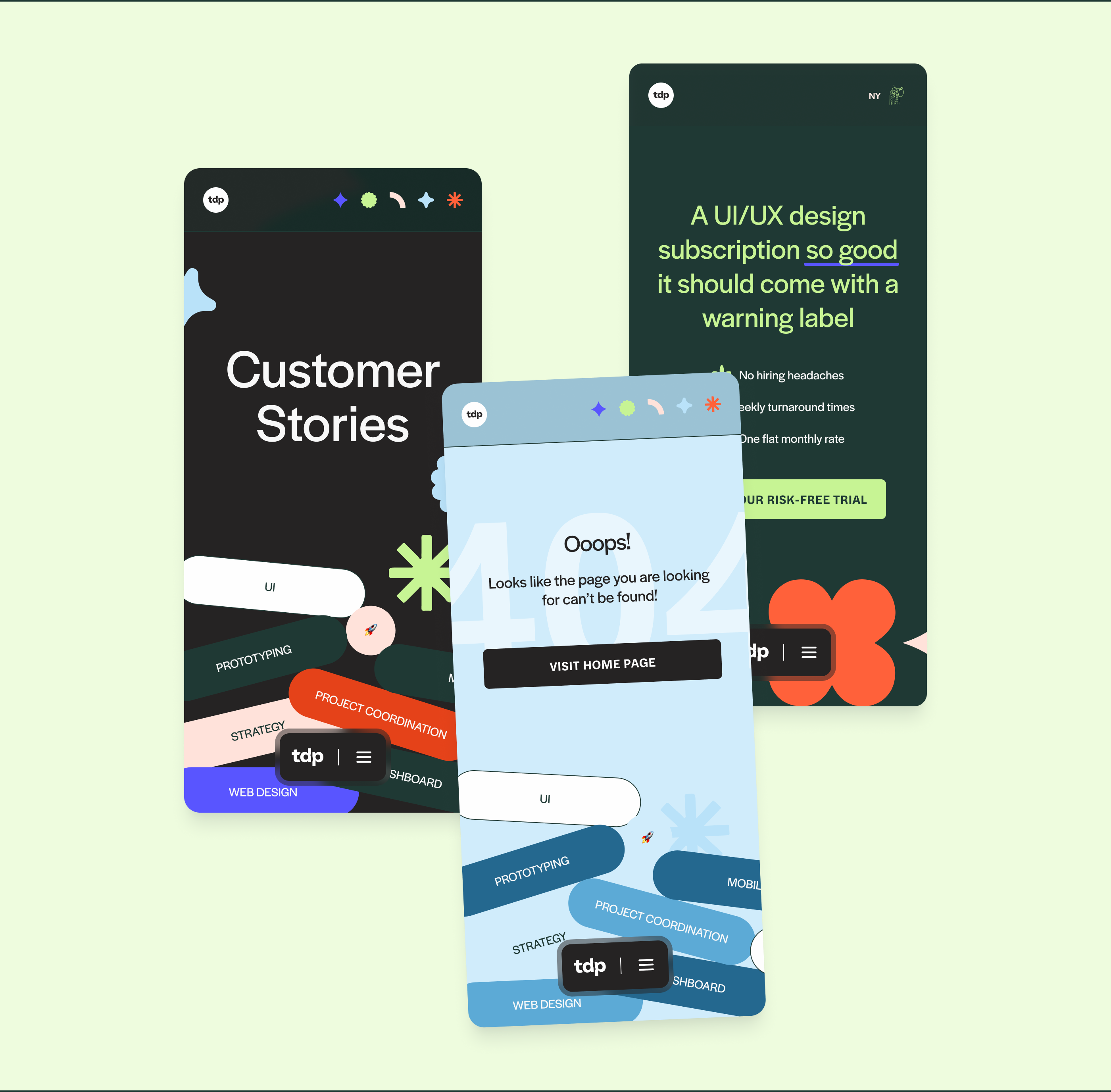 TDP website on mobile — Customer Stories page, 404 state, and subscription hero across three phone screens on green background