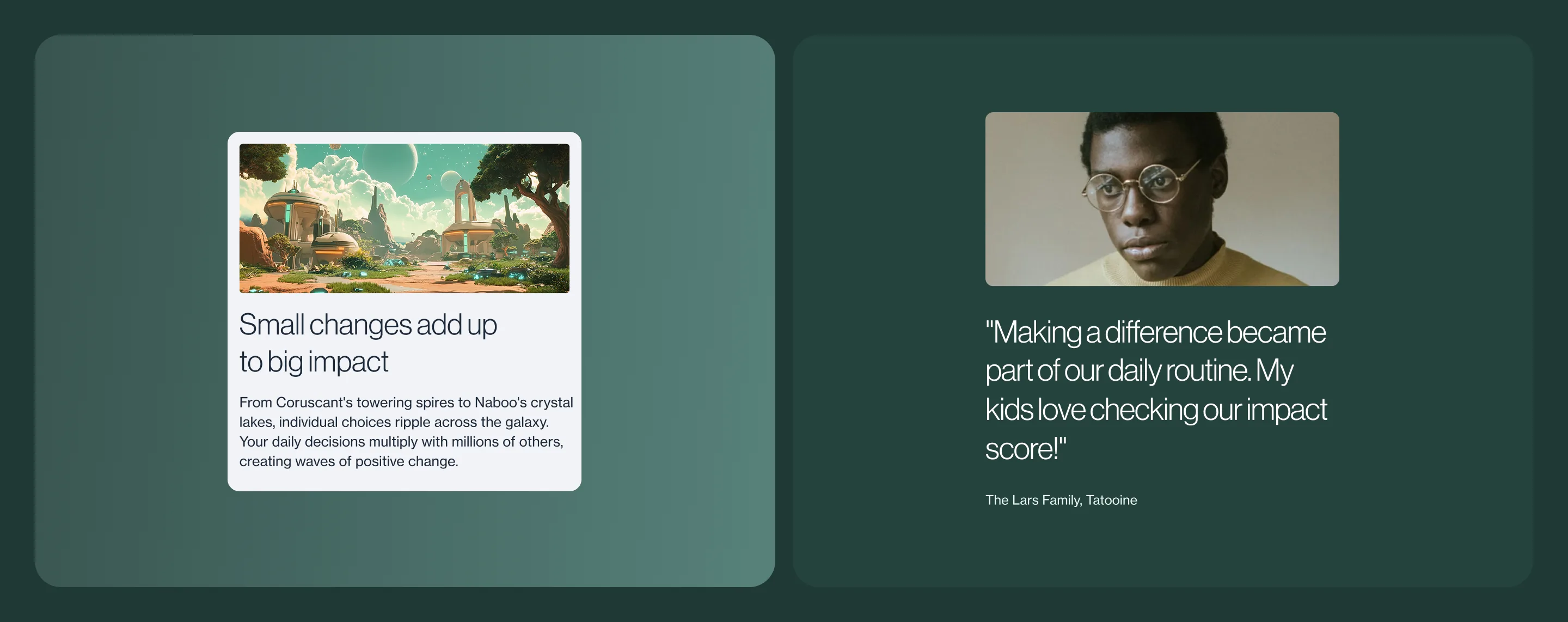 Template component examples — impact story card with landscape imagery and testimonial card with portrait photo and customer quote