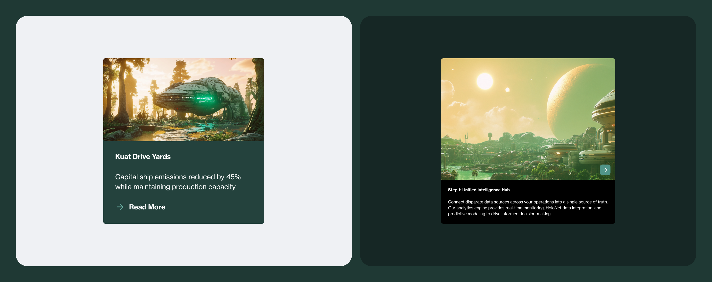 Template component examples — case study card with environmental imagery and step-by-step onboarding flow card