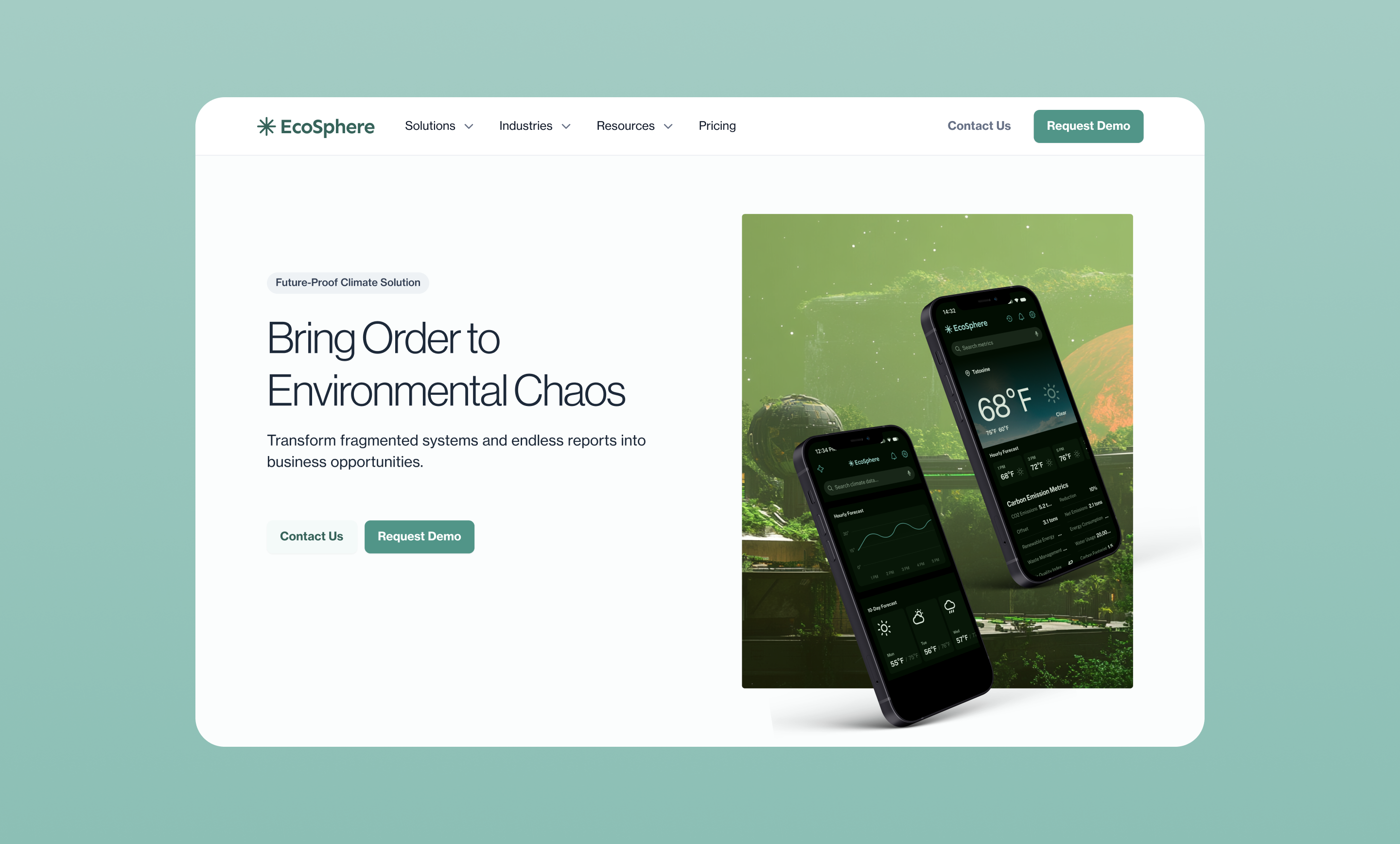 Browser mockup of EcoSphere B2B landing page template — hero section with Bring Order to Environmental Chaos headline, phone mockups, and teal background