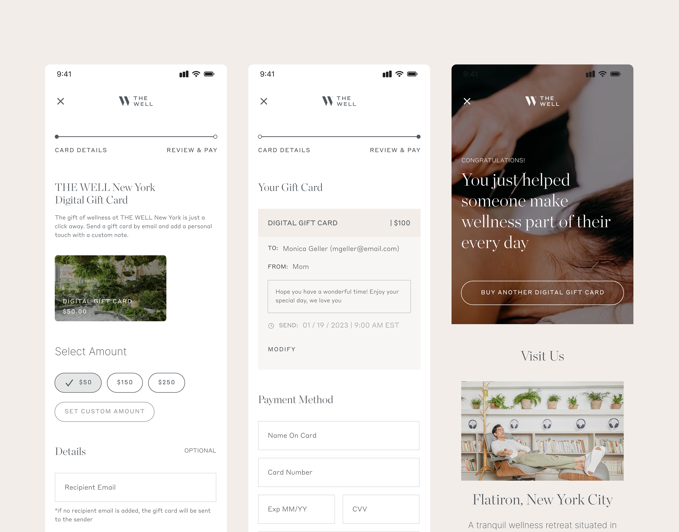 Gift card flow — card selection, review and pay, and confirmation screens