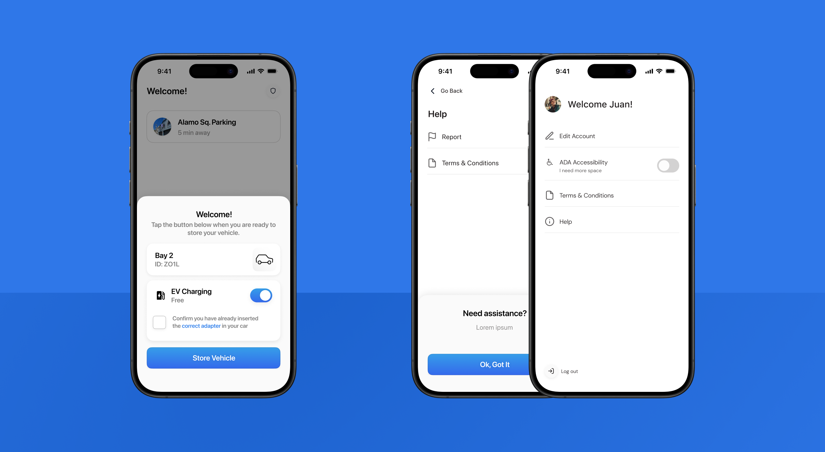 Volley mobile app — three screens showing the welcome, help, and account views on blue background