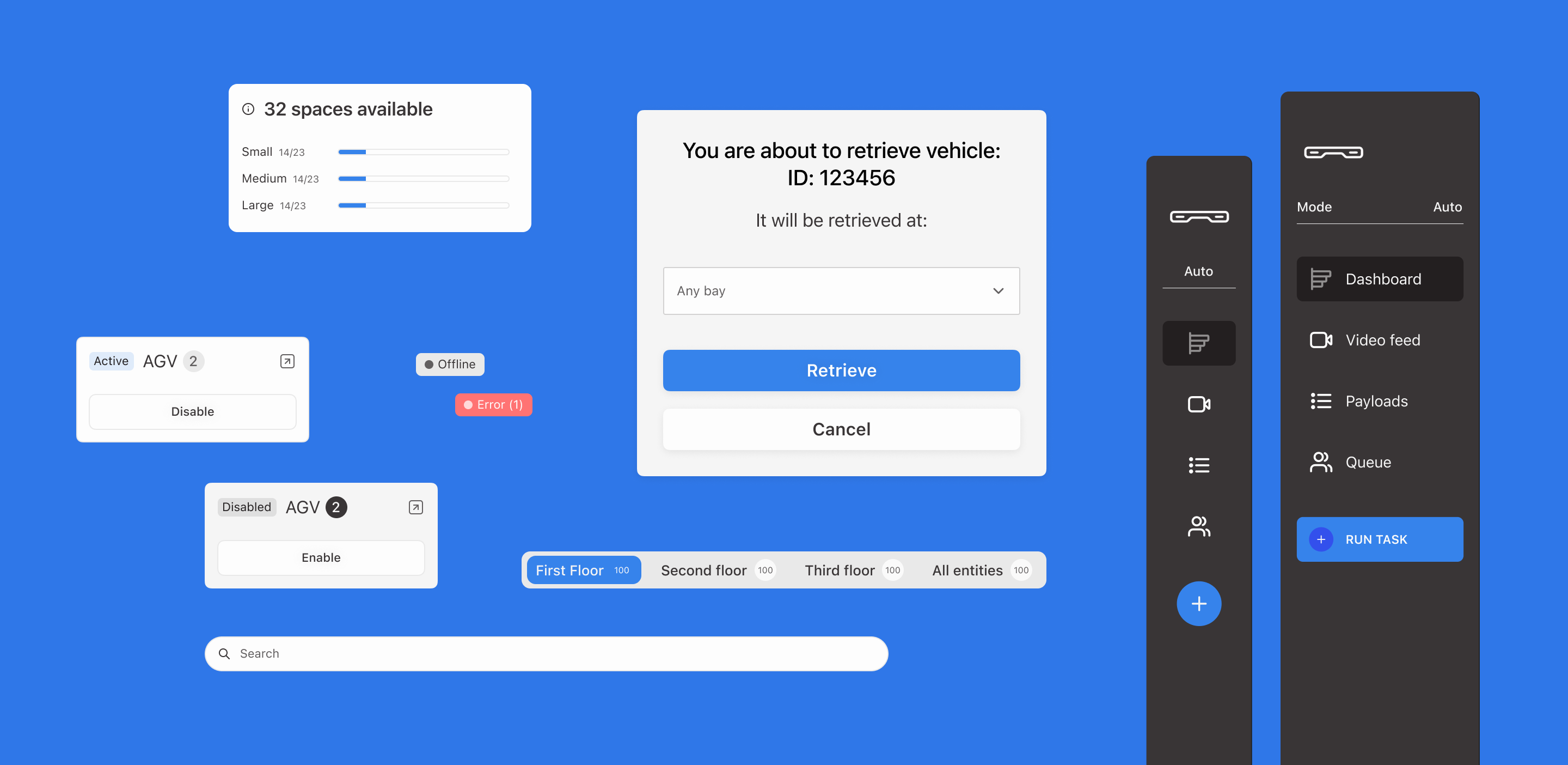 Dashboard components — space availability card, AGV status cards with enable/disable, retrieve modal, and navigation sidebar