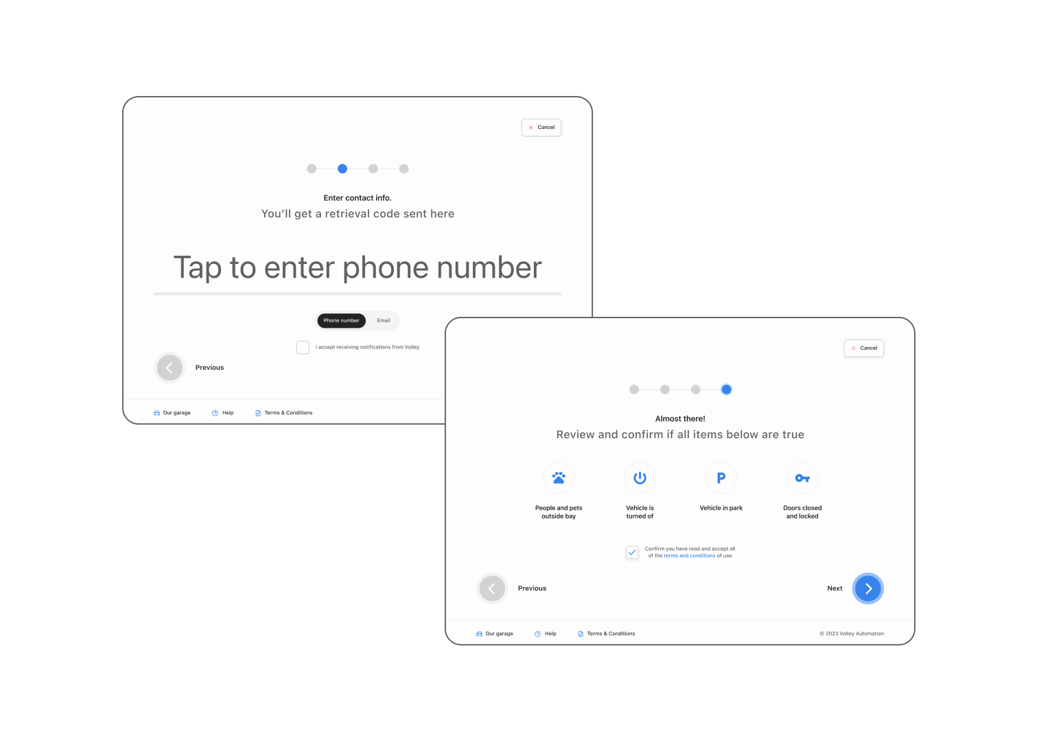 Kiosk flow — contact info entry and pre-store safety checklist screens