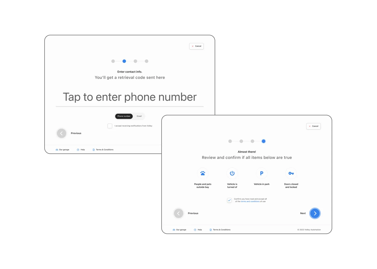 Kiosk flow — contact info entry and pre-store safety checklist screens