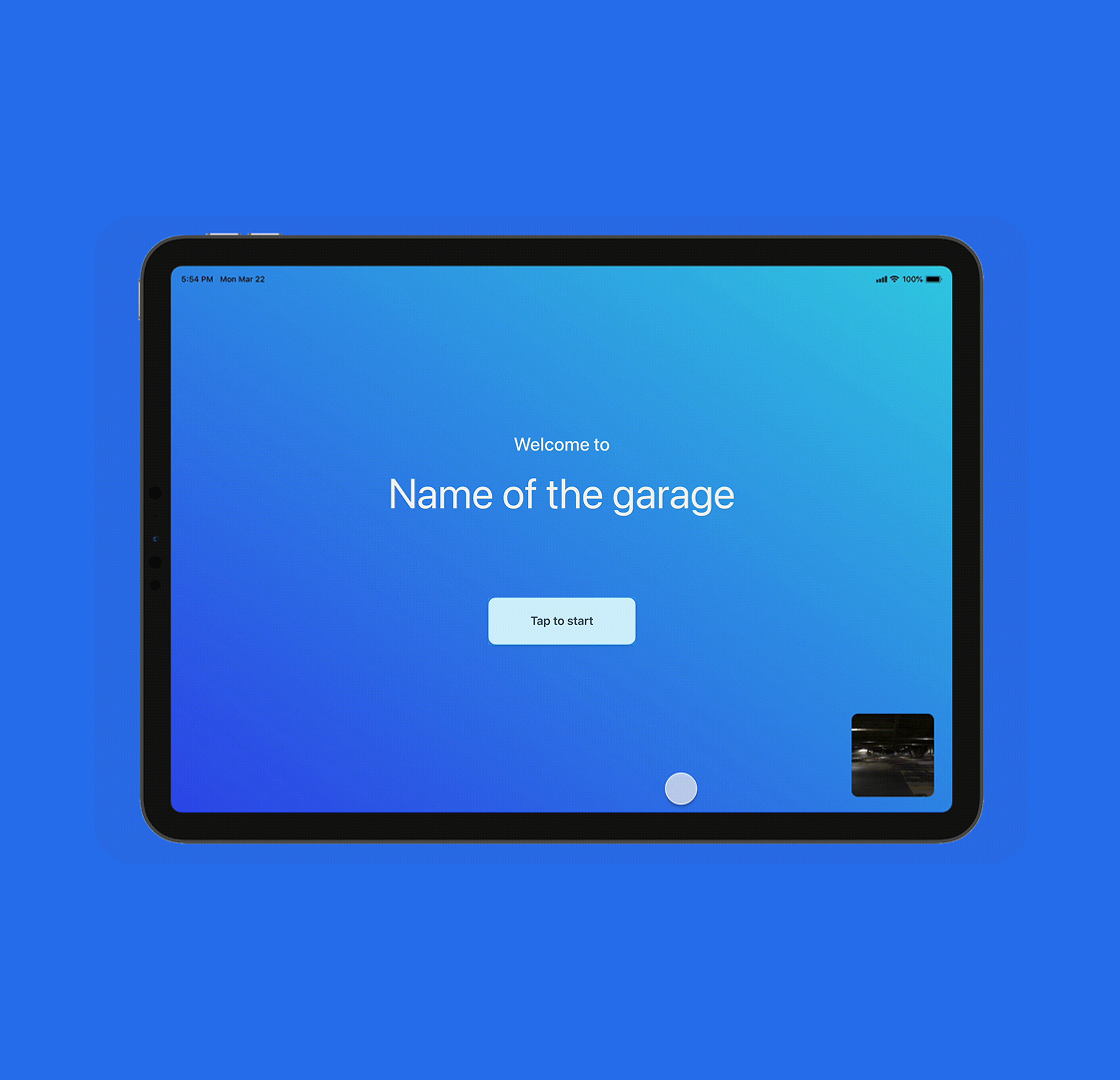 Kiosk welcome screen — branded tablet showing garage name with tap-to-start prompt
