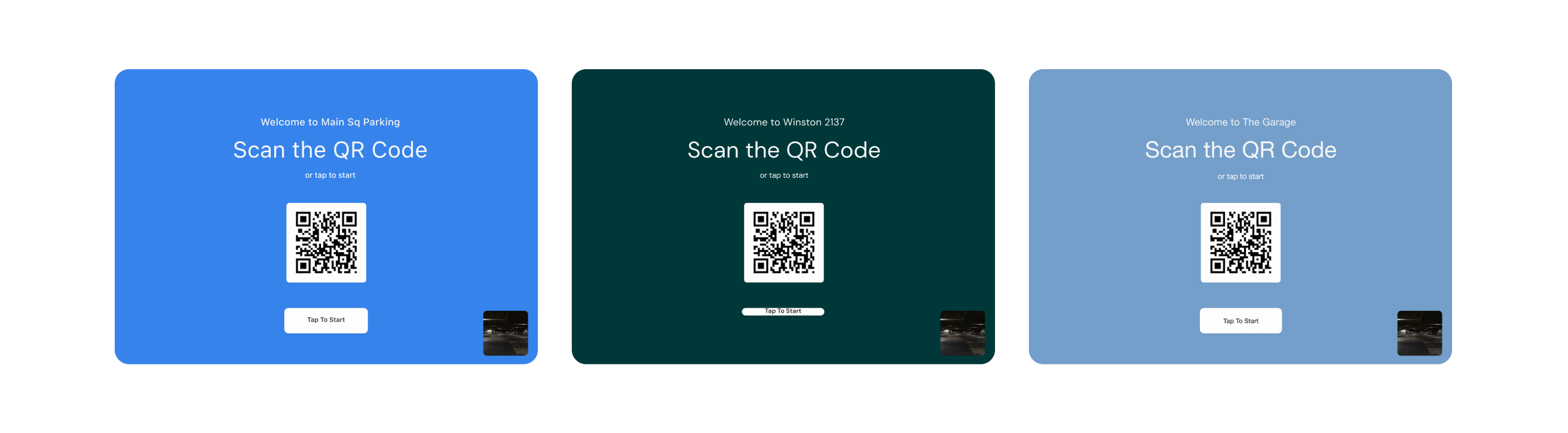 White-label kiosk — three branded welcome screens for Main Sq Parking, Winston 2137, and The Garage with distinct color themes